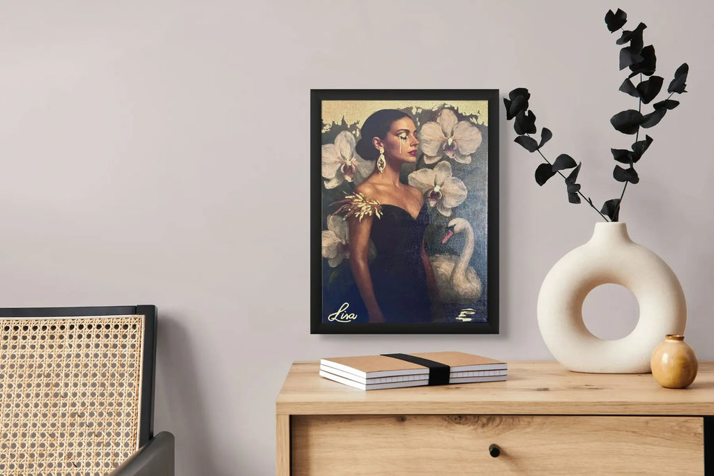 Golden Elegance original painting – floral couture portrait with gold leaf detailing and dramatic florals.