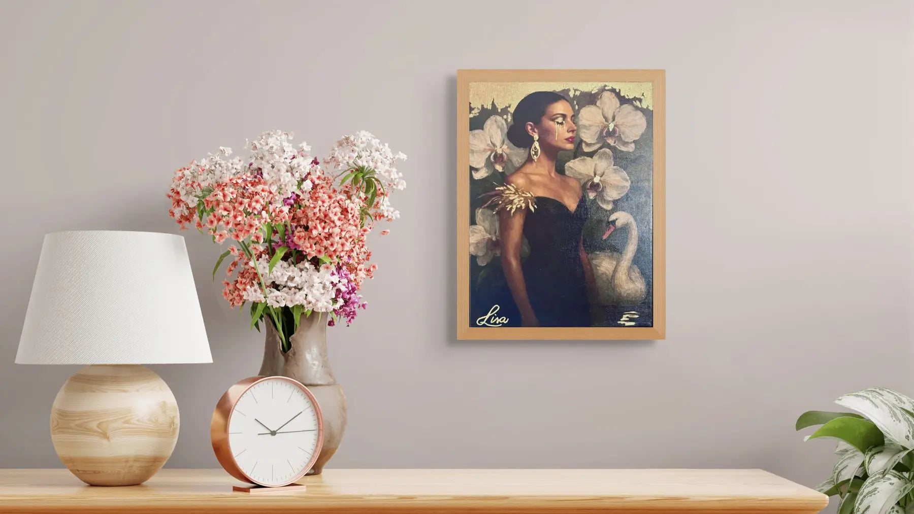 Golden Elegance original painting – floral couture portrait with gold leaf detailing and dramatic florals.