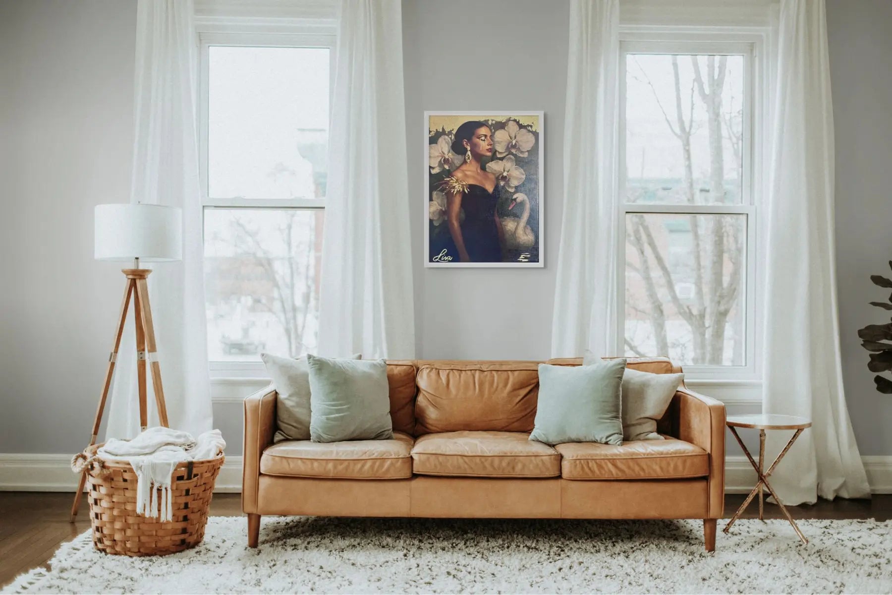 Golden Elegance original painting – floral couture portrait with gold leaf detailing, shown in a modern lounge room.
