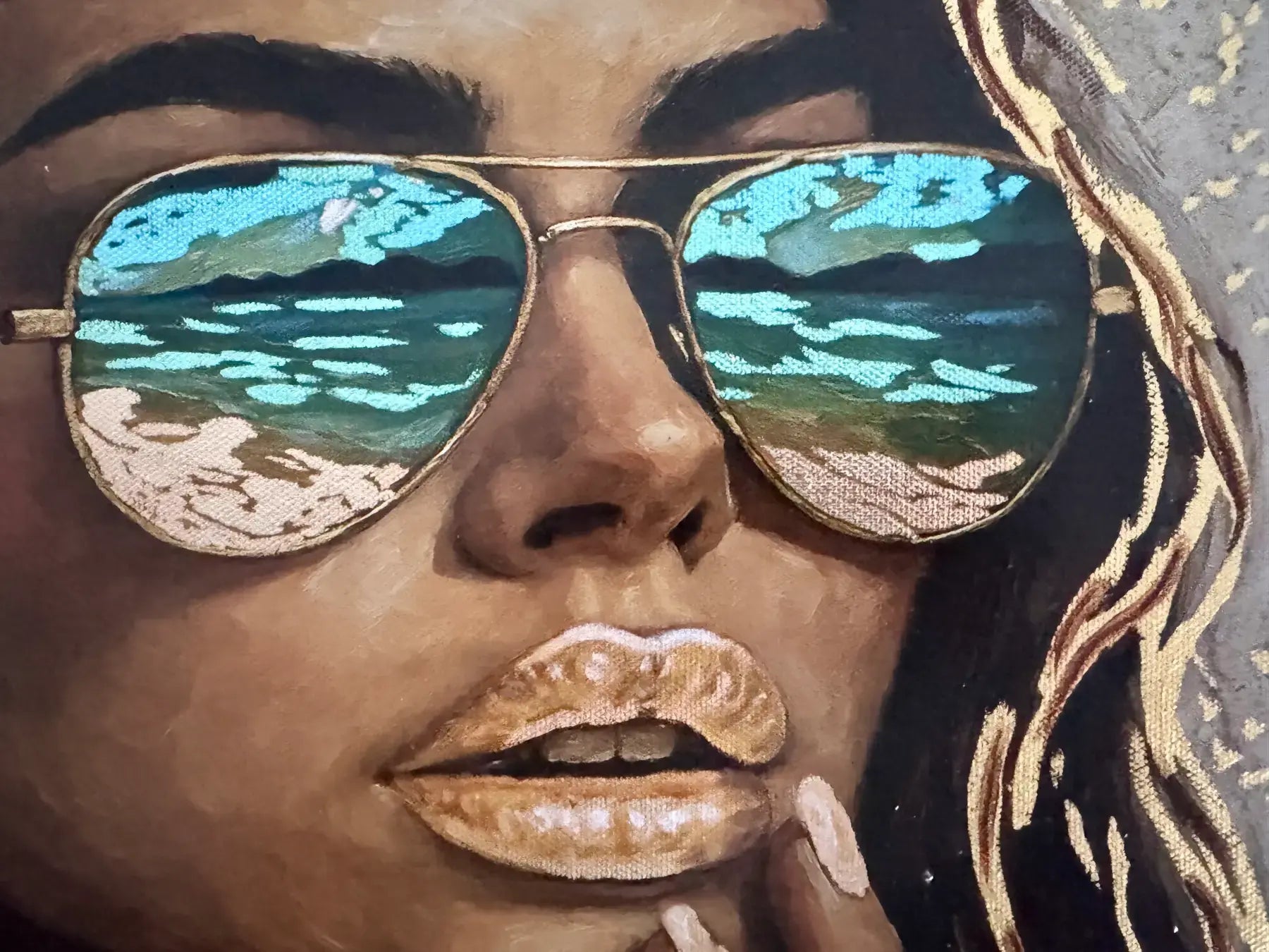 Golden Horizon original painting – close-up of couture portrait with gold leaf detailing and teal accents.