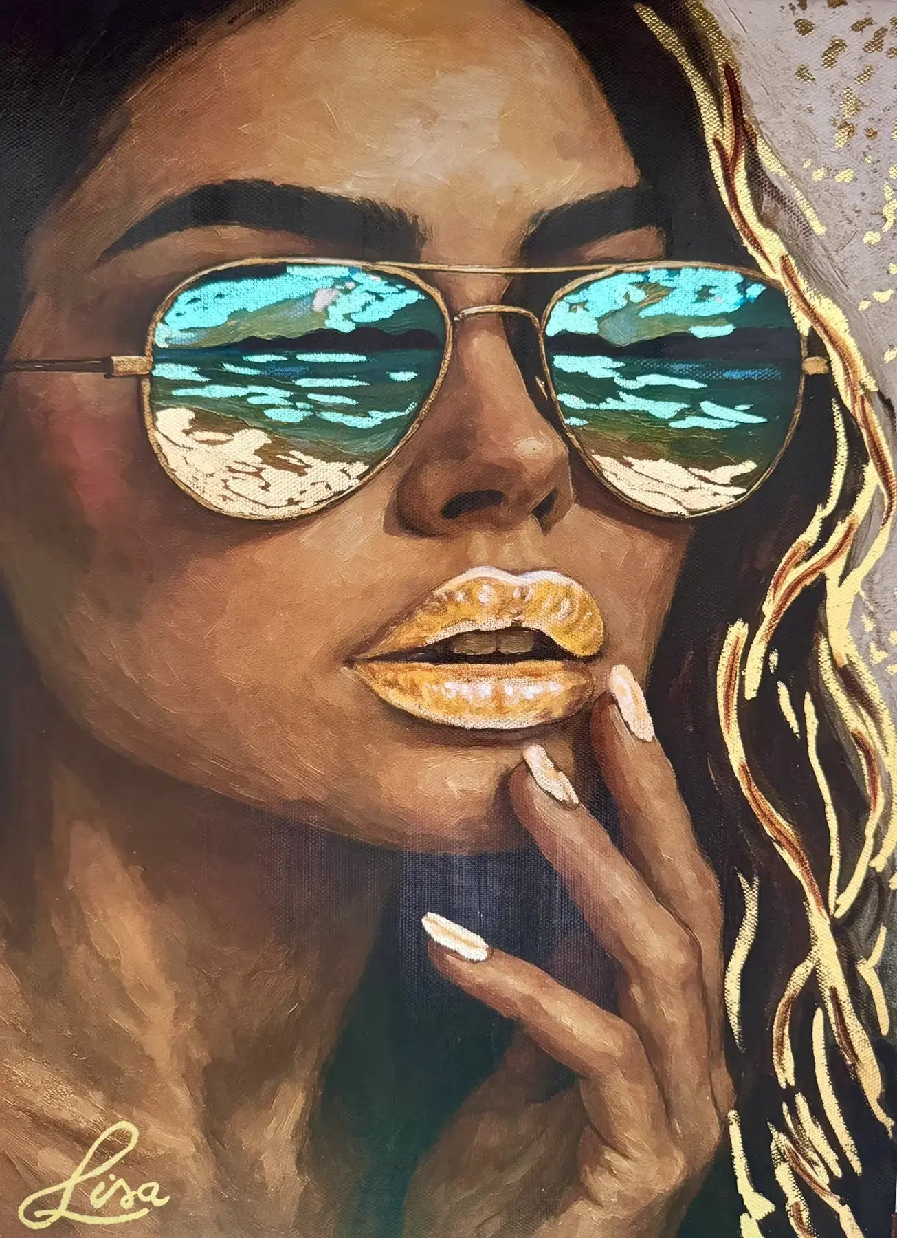 Golden Horizon original painting – couture portrait with gold leaf detailing and teal accents.