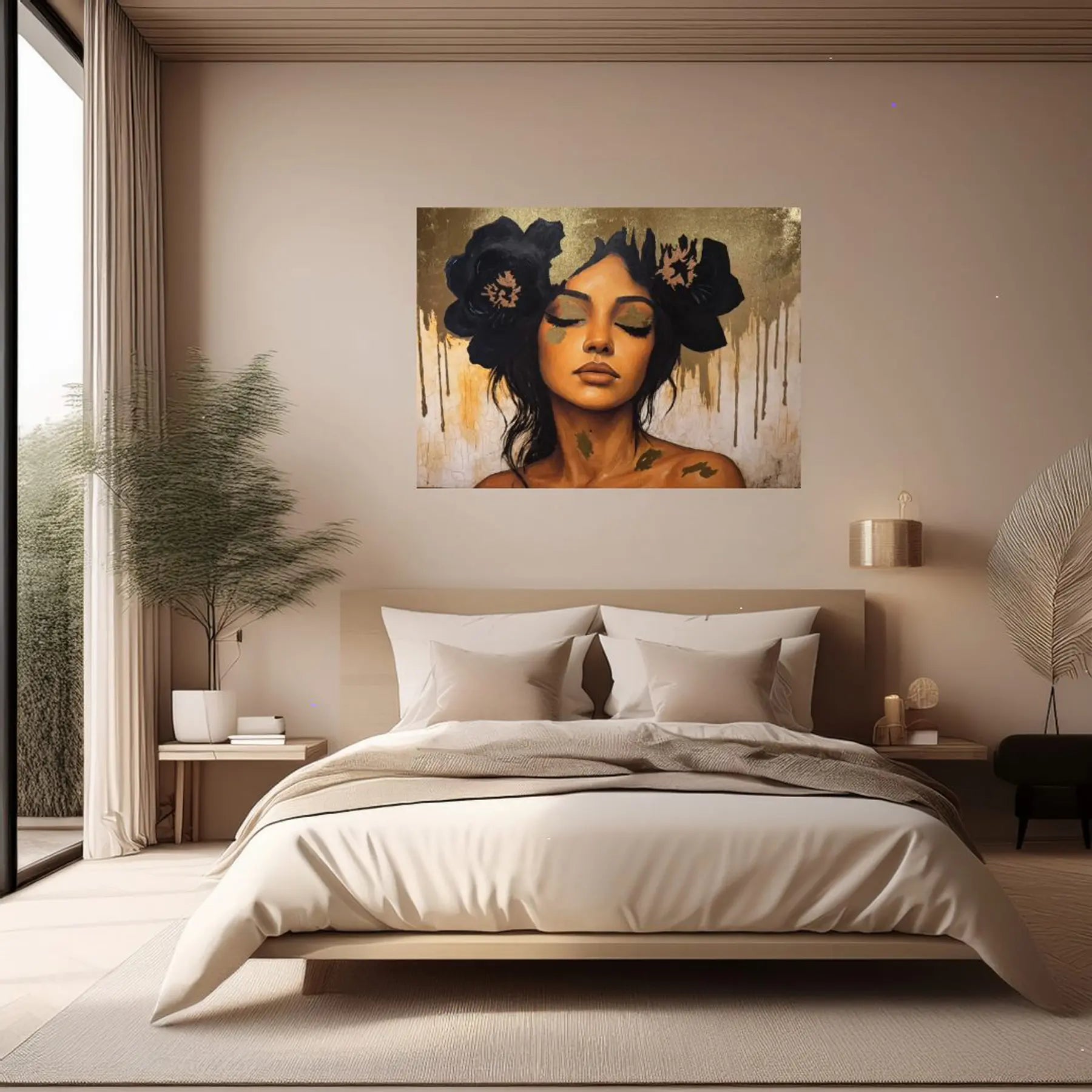 Modern bedroom with a painting of Golden Veil original gold leaf painting of a woman with flowers in her hair on the wall.