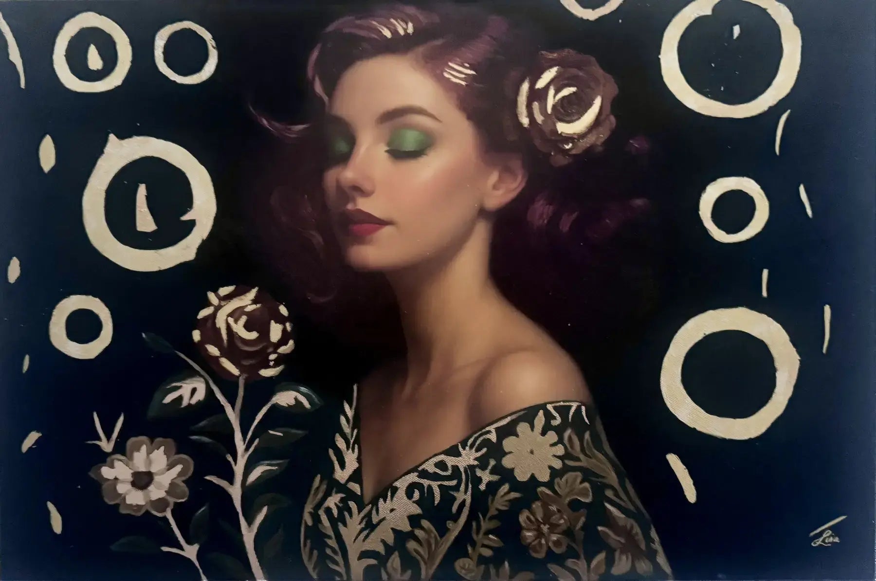 Orbiting Rose original painting – floral couture portrait with gold leaf detailing and teal accents.