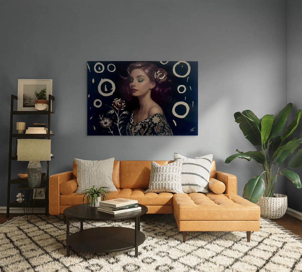 Orbiting Rose original painting – floral couture portrait with gold leaf detailing, shown in a modern lounge room.