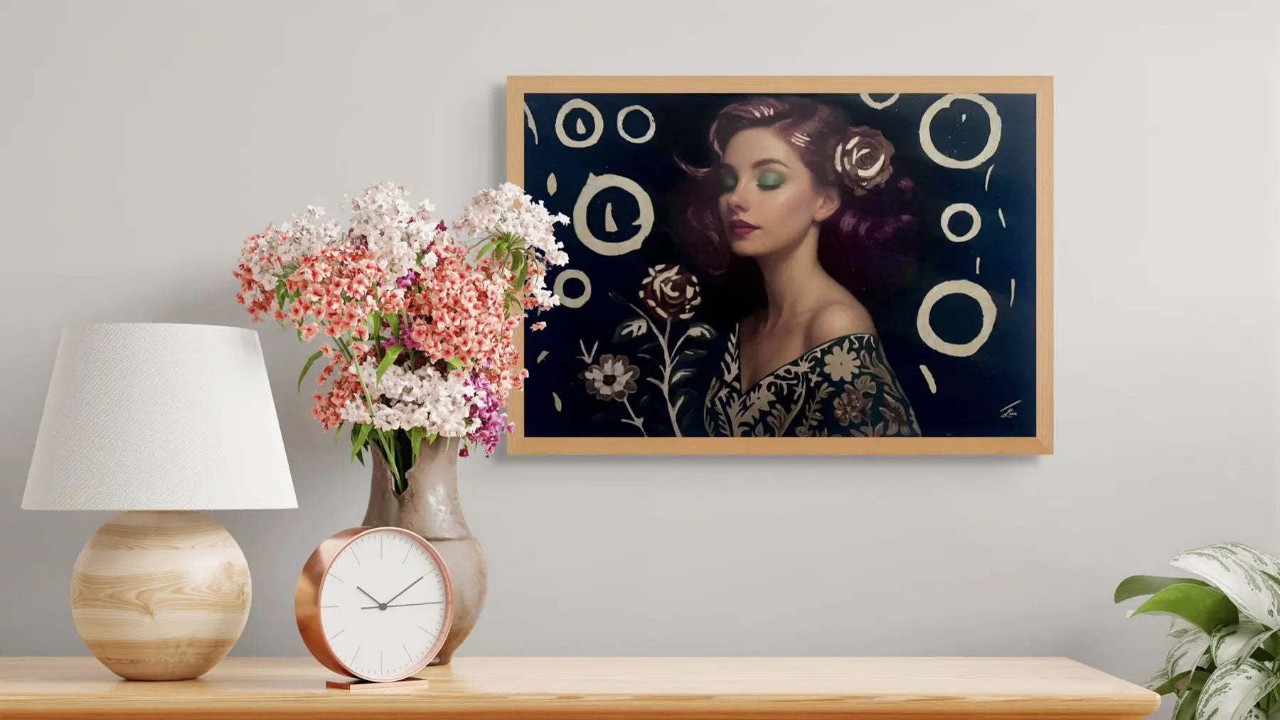 Orbiting Rose original painting – floral couture portrait with gold leaf detailing and teal accents.