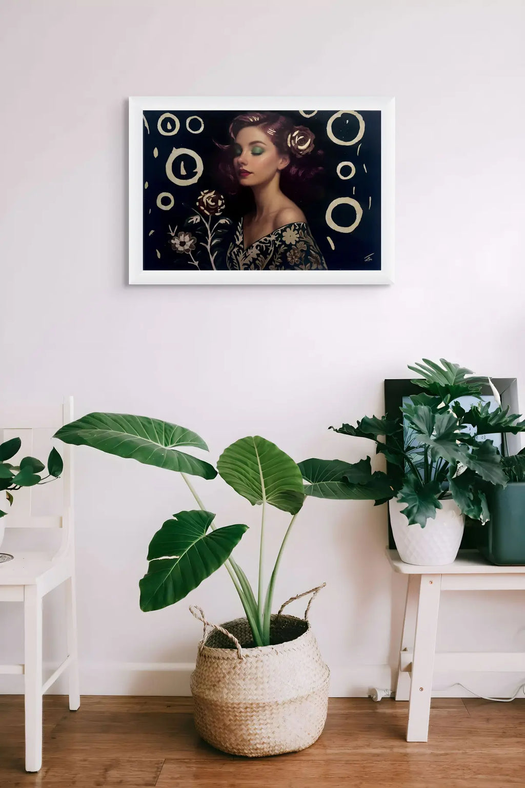 Orbiting Rose original painting – floral couture portrait with gold leaf detailing and teal accents.