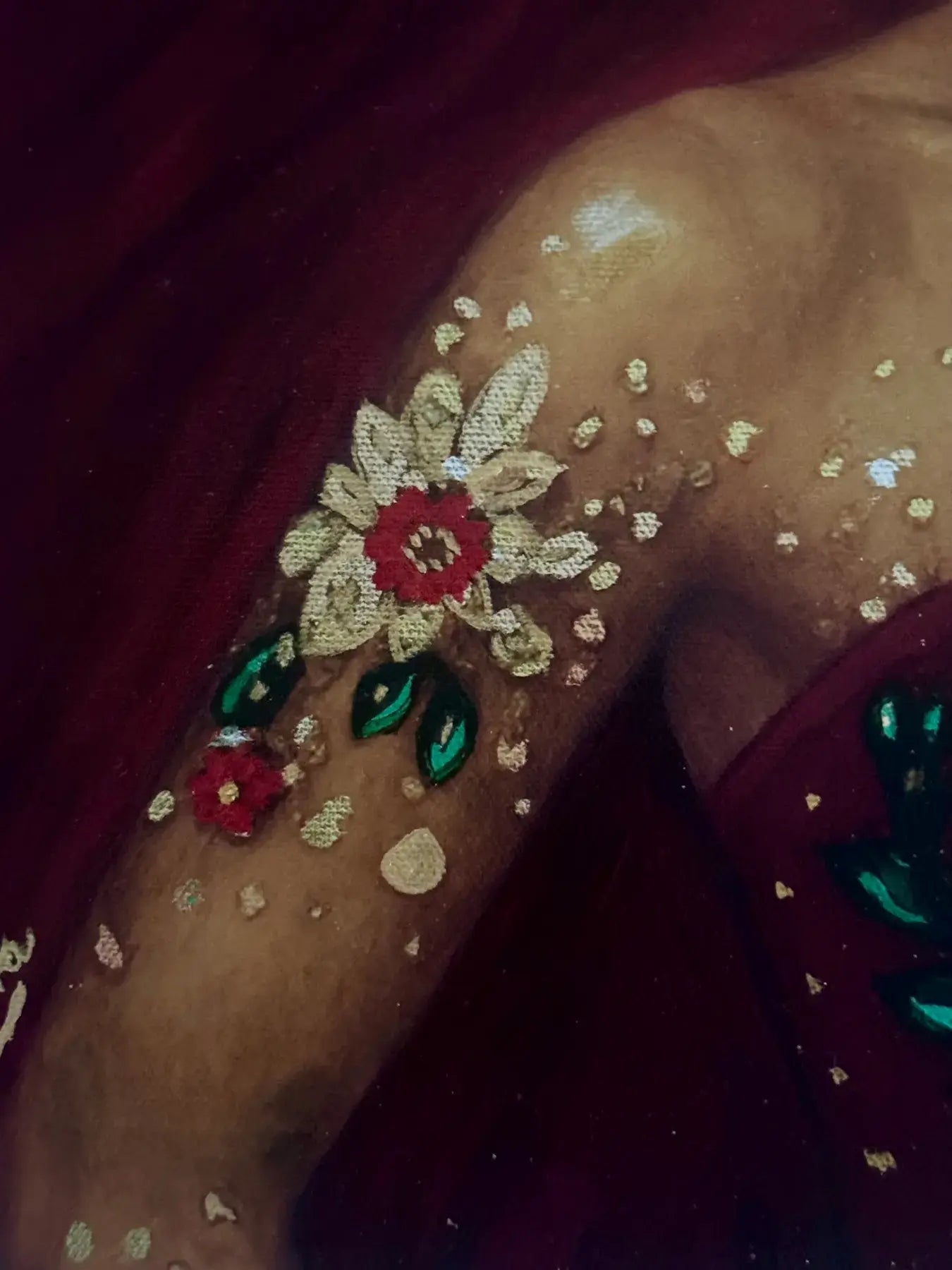 Scarlet Radiance original painting – close-up of couture portrait with gold leaf detailing and surreal symbolism.