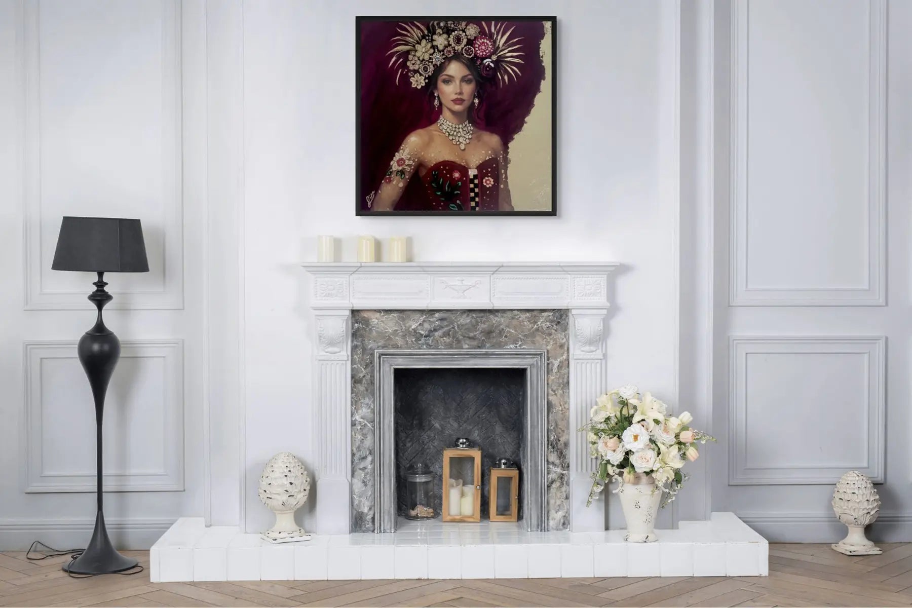 Scarlet Radiance original painting – couture portrait with gold leaf detailing and surreal symbolism.
