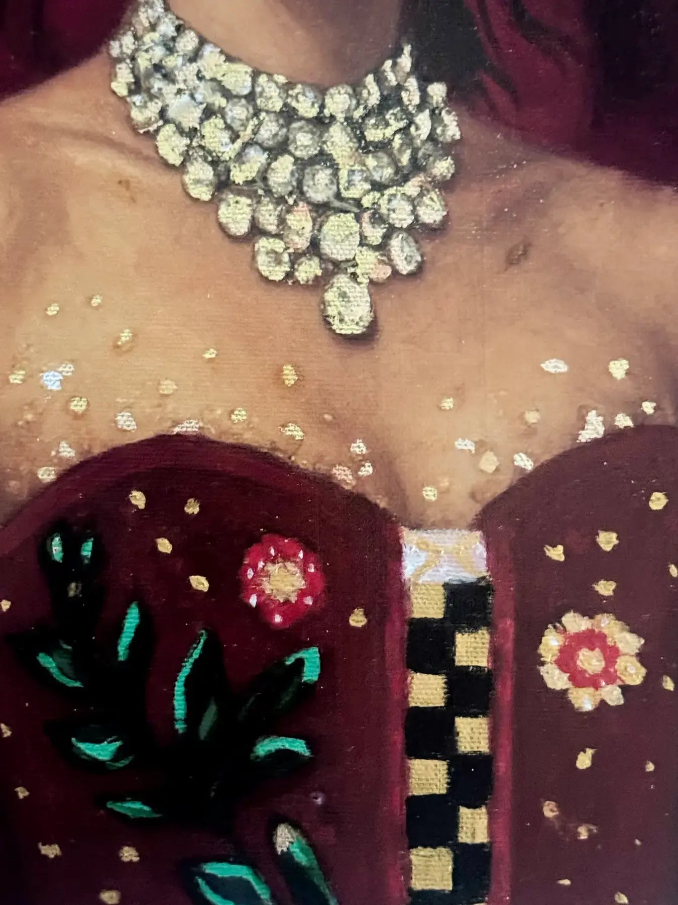 Scarlet Radiance original painting – close-up of couture portrait with gold leaf detailing and surreal symbolism.