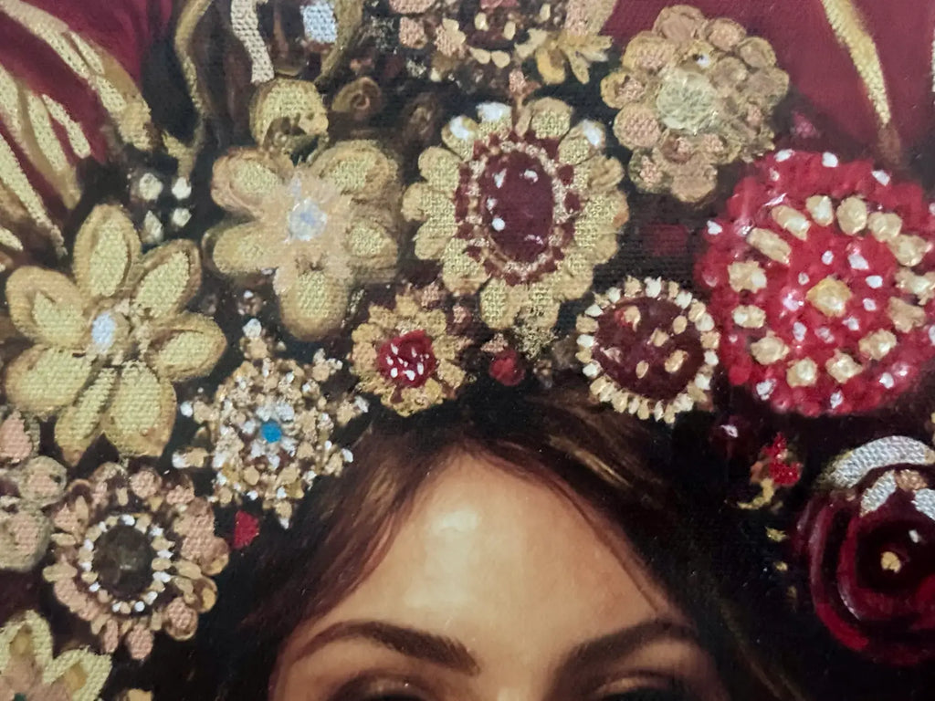 Scarlet Radiance original painting – couture portrait with gold leaf detailing and surreal symbolism.