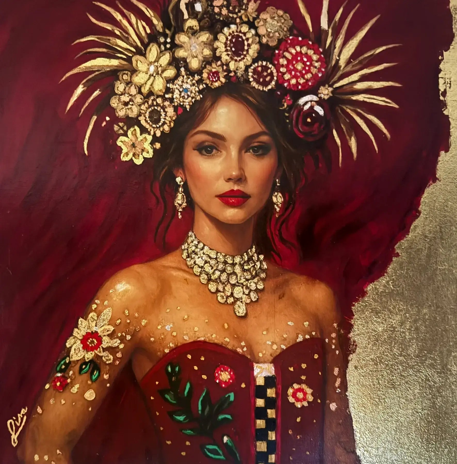 Scarlet Radiance original painting – couture portrait with gold leaf detailing and surreal symbolism.