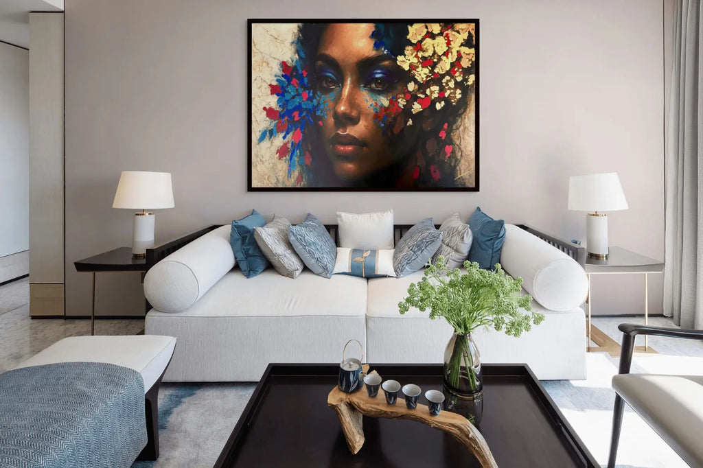 Shards of Desire original painting – couture portrait with gold leaf detailing, shown in a modern lounge room.