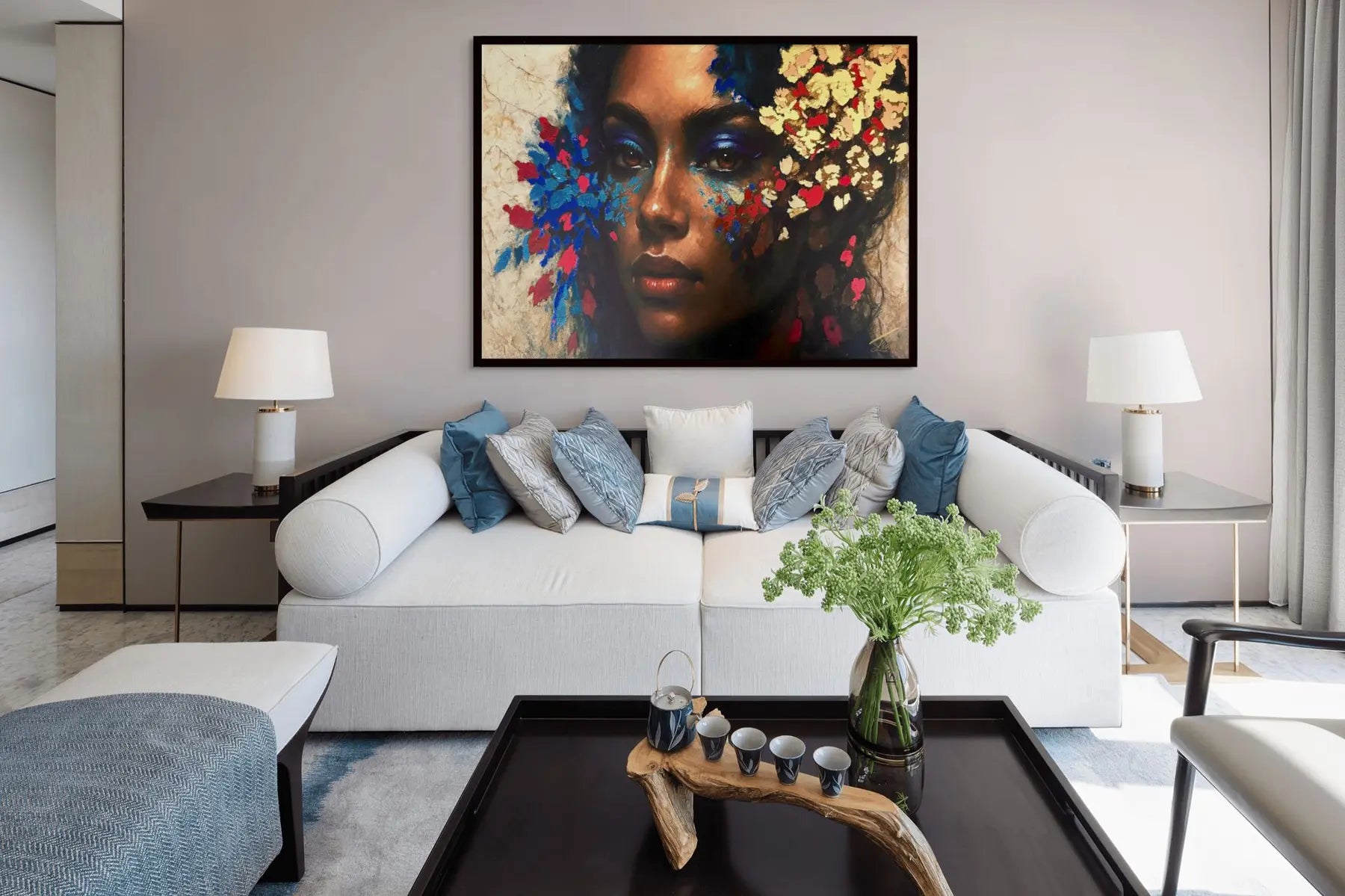 Shards of Desire original painting – couture portrait with gold leaf detailing, shown in a modern lounge room.