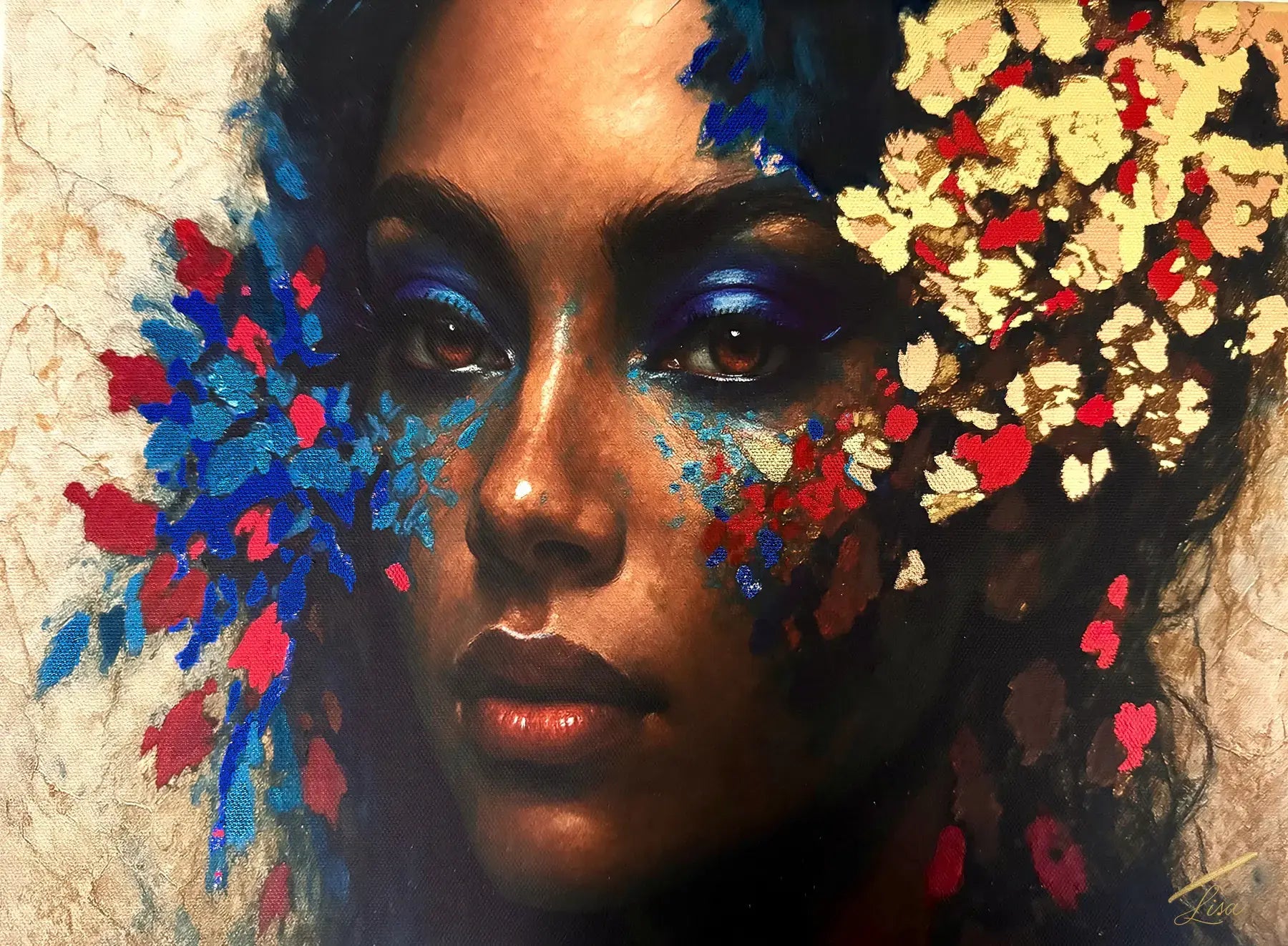 Shards of Desire original painting – couture portrait with gold leaf detailing.