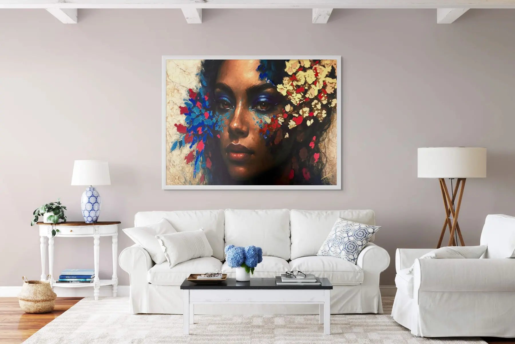 Shards of Desire original painting – couture portrait with gold leaf detailing, shown in a modern lounge room.