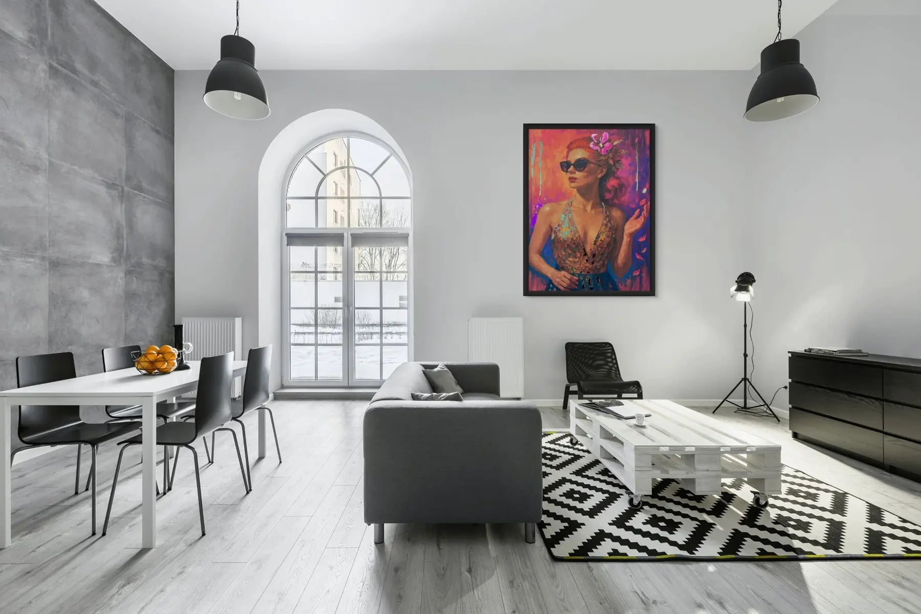 Solar Radiance original painting – floral couture portrait with gold leaf detailing, shown in a modern living room.