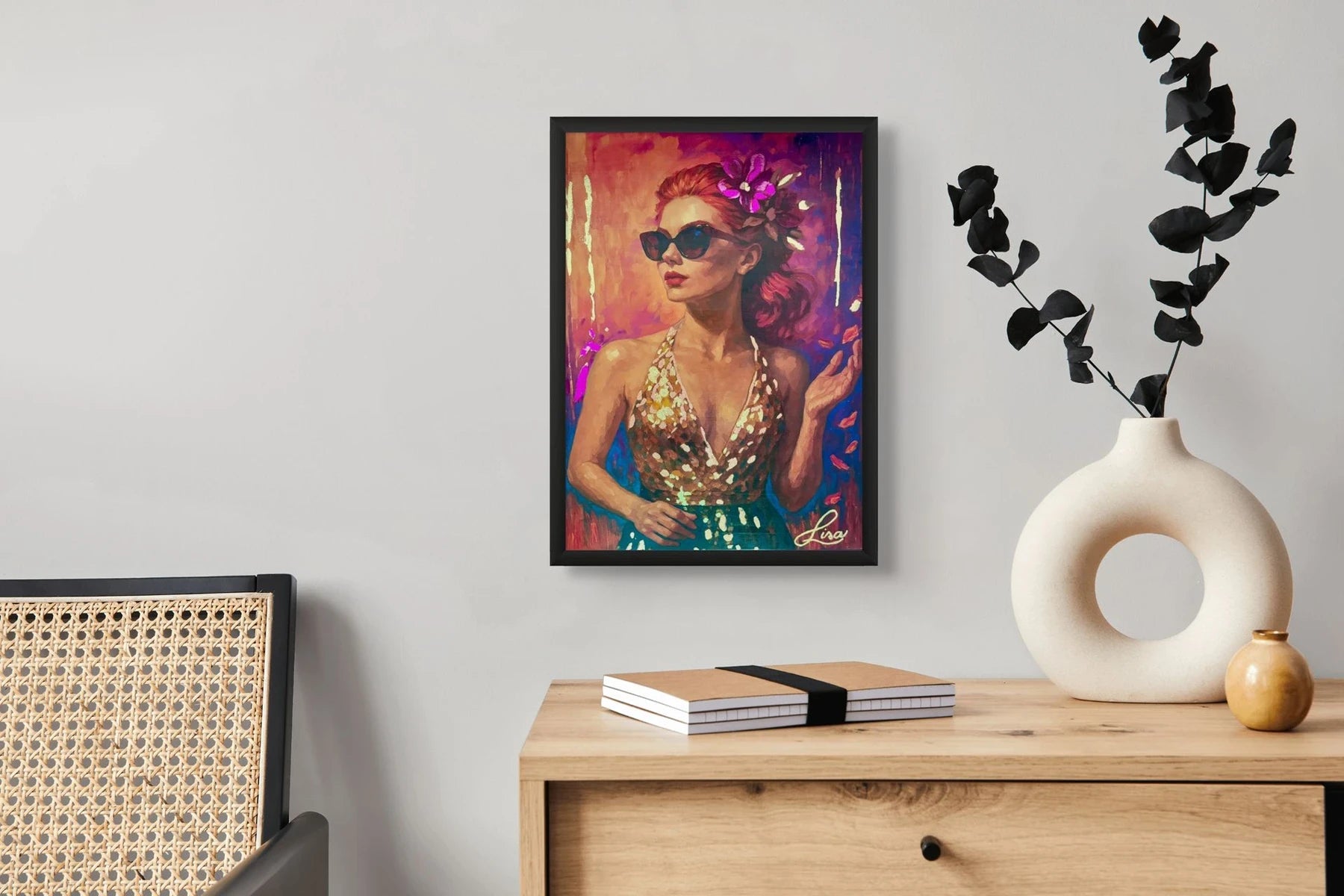 Luxury fine art print in black frame displayed on shelf, designed for modern living room and office interiors