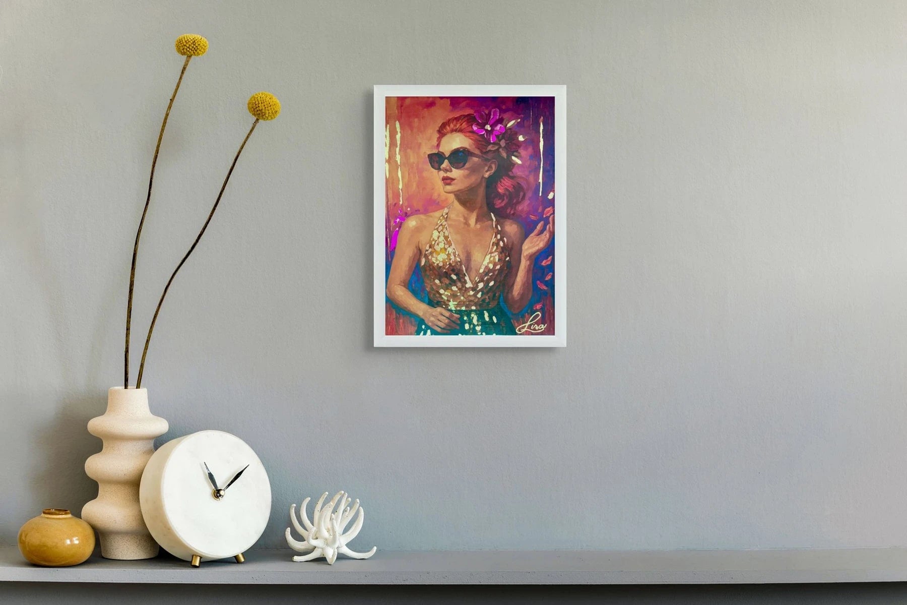 Luxury gold foil original painting featuring a radiant female portrait in a white frame designed for modern living room and statement wall interiors