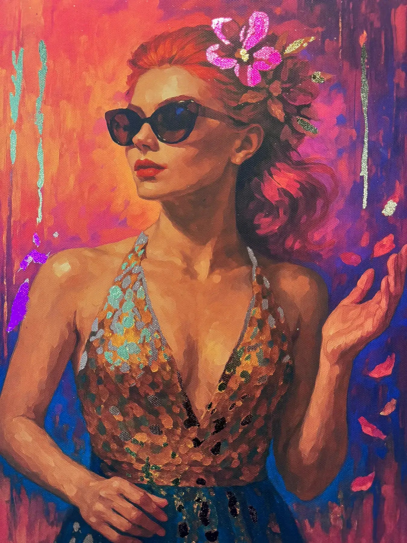 Solar Radiance original painting – floral couture portrait with gold leaf detailing and teal accents.