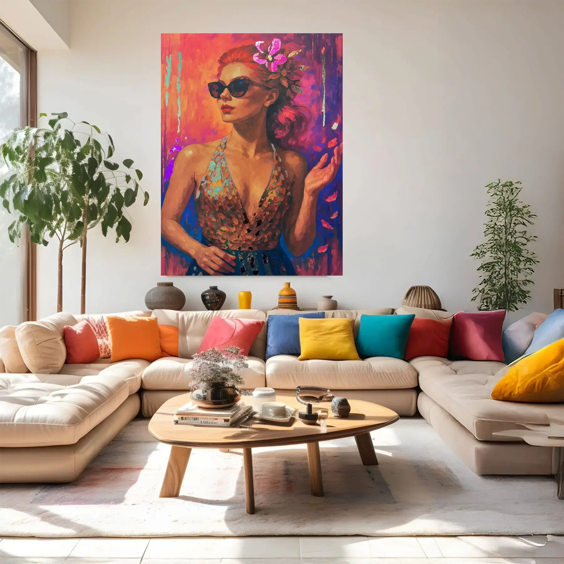 Solar Radiance original painting – floral couture portrait with gold leaf detailing, shown in a modern lounge room.