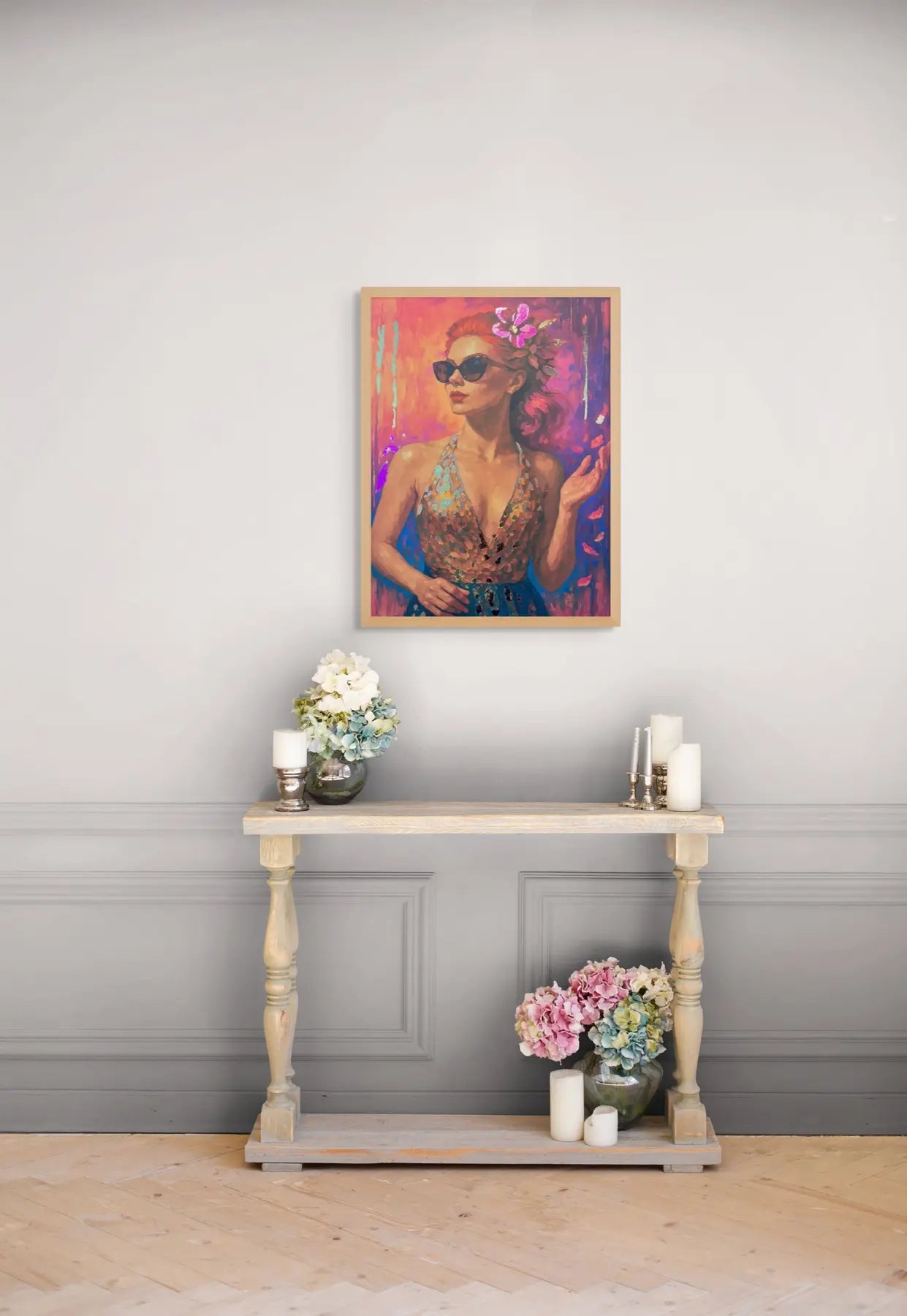 Solar Radiance original painting – floral couture portrait with gold leaf detailing and teal accents.
