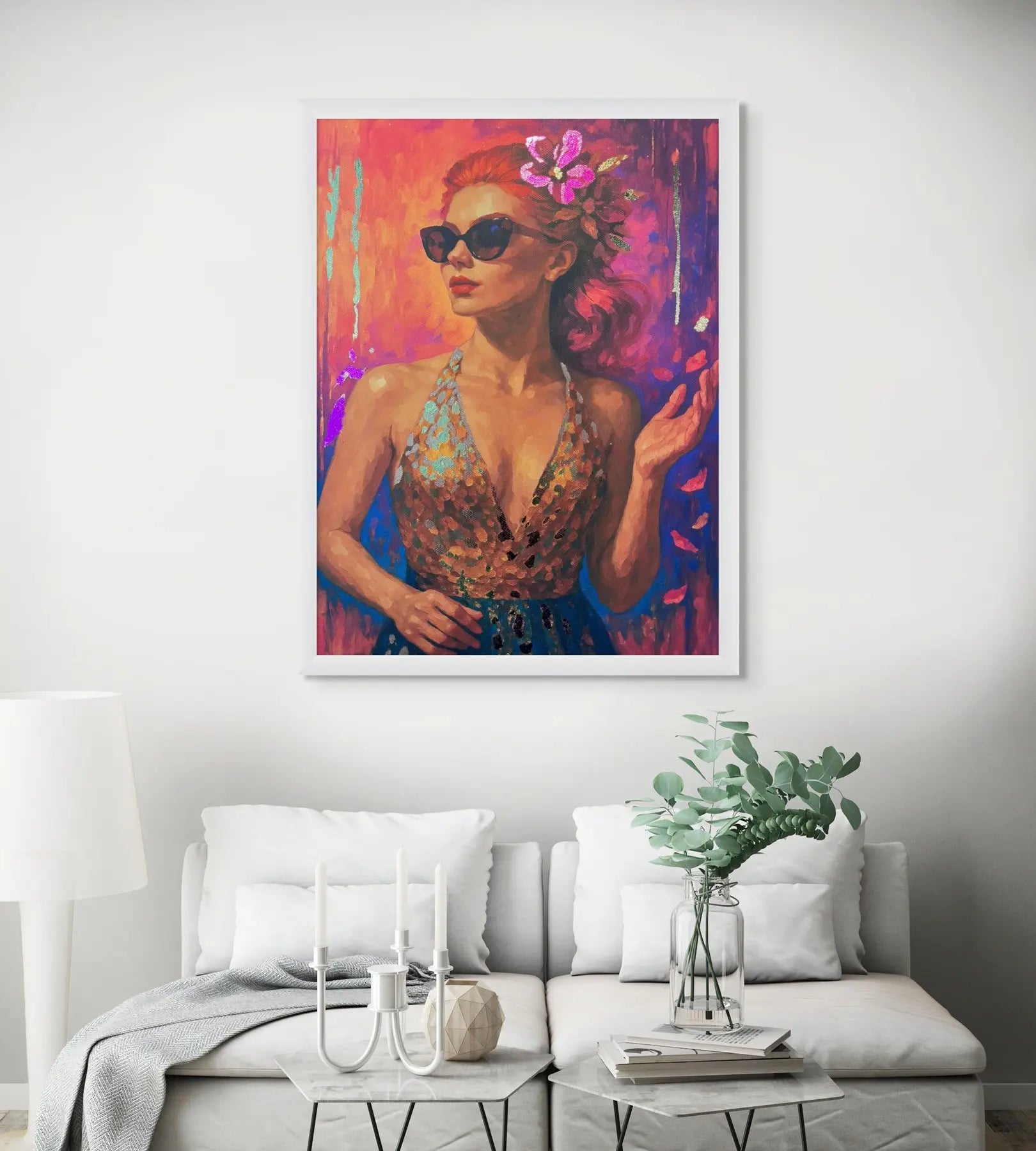Solar Radiance original painting – floral couture portrait with gold leaf detailing, shown in a modern lounge room.