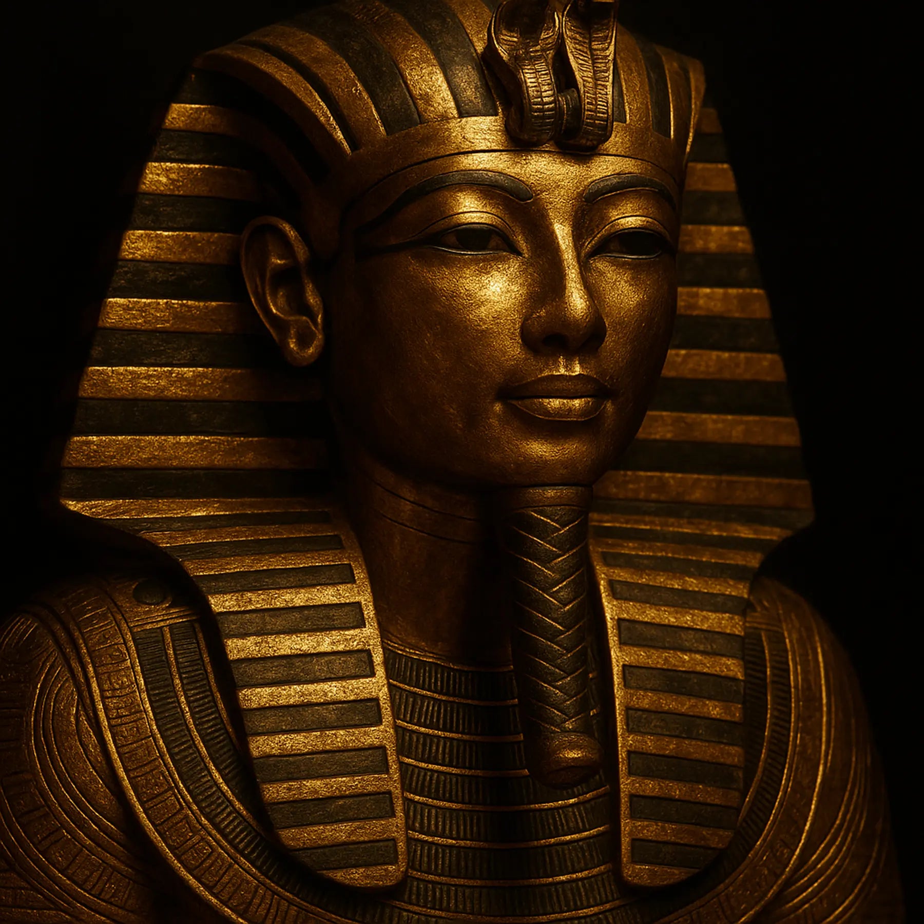 Gilded sarcophagus statue with intricate details on a dark background used for gold leaf history article by Luxe Wall Art by Lisa.