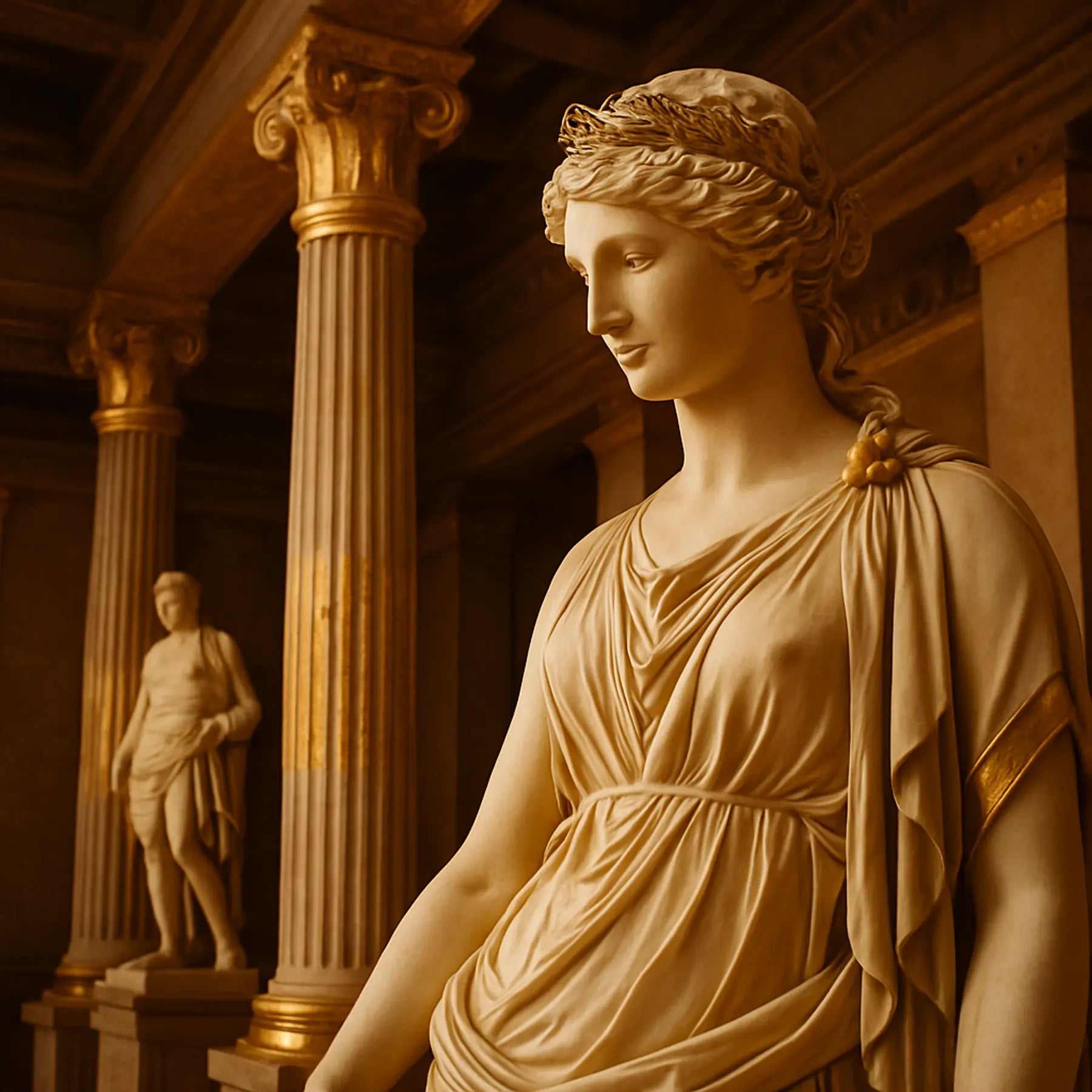 Ancient Greek museum statue with gilded gold leaf accents besides columns used for an article on gold leaf used by Luxe Wall Art by Lisa. 
