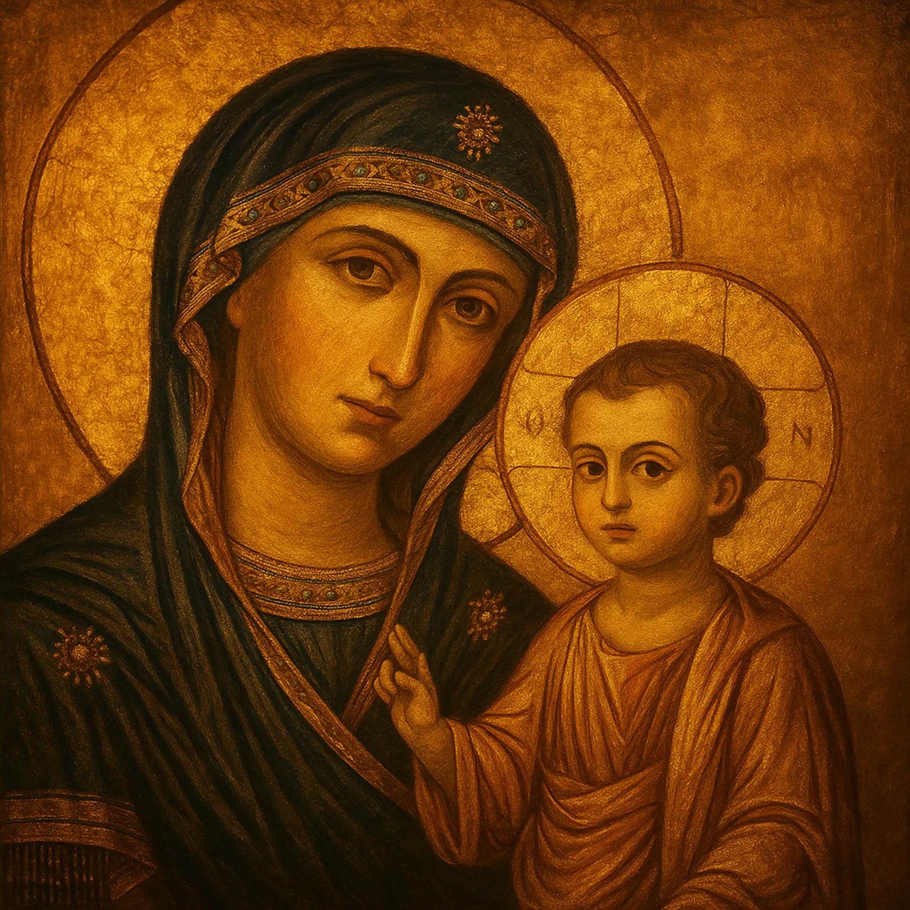 Gilded byzantine icon of woman holding a child with a gold background used for history of gold leaf art.
