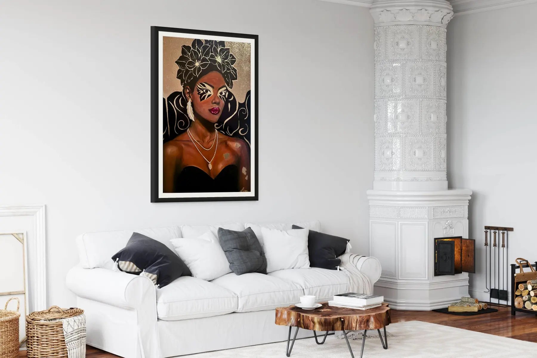 Fleur Obscure artwork – floral couture portrait with dramatic florals and statement jewellery, shown in a modern lounge room.
