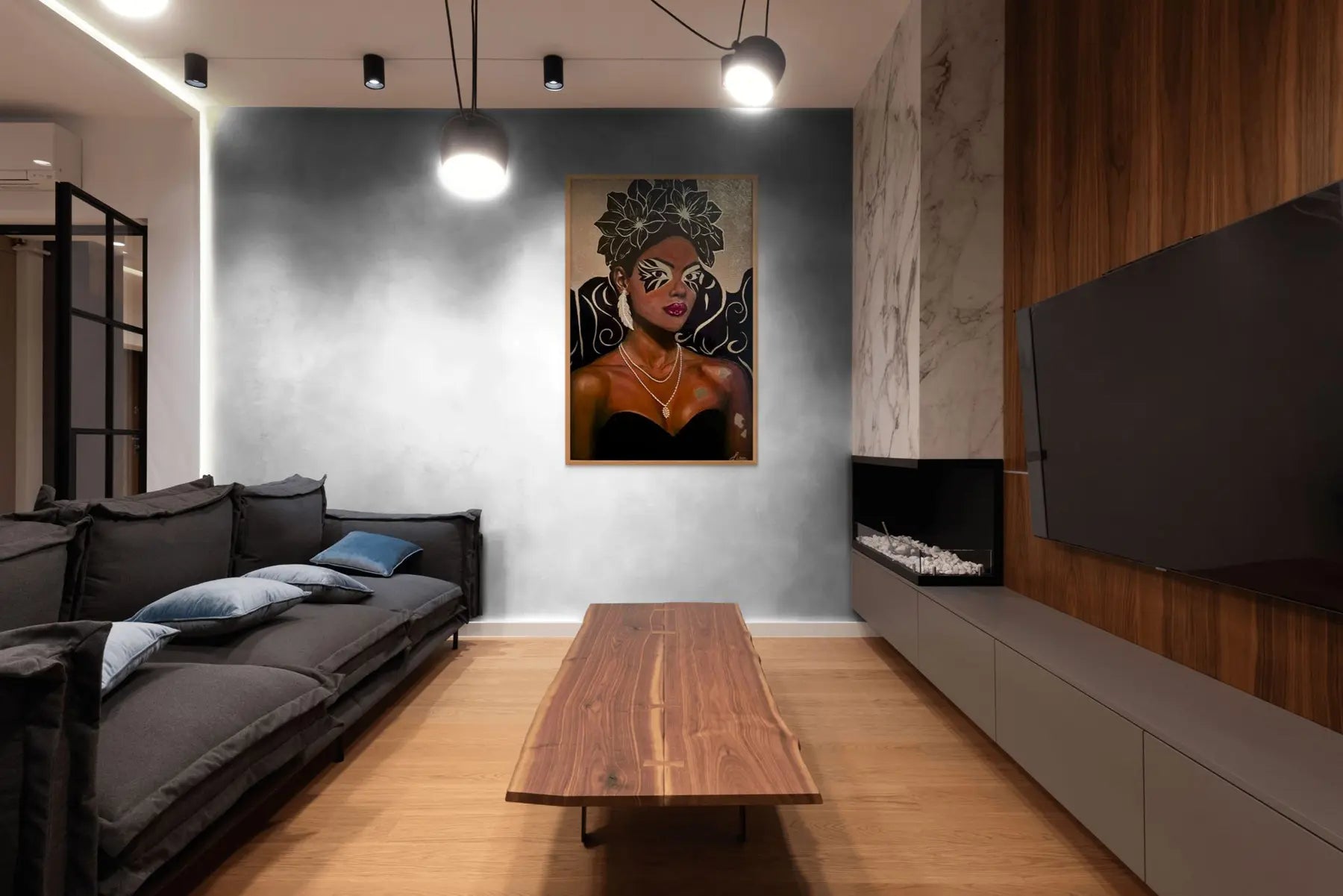 Fleur Obscure artwork – floral couture portrait with dramatic florals and statement jewellery, shown in a modern lounge room.