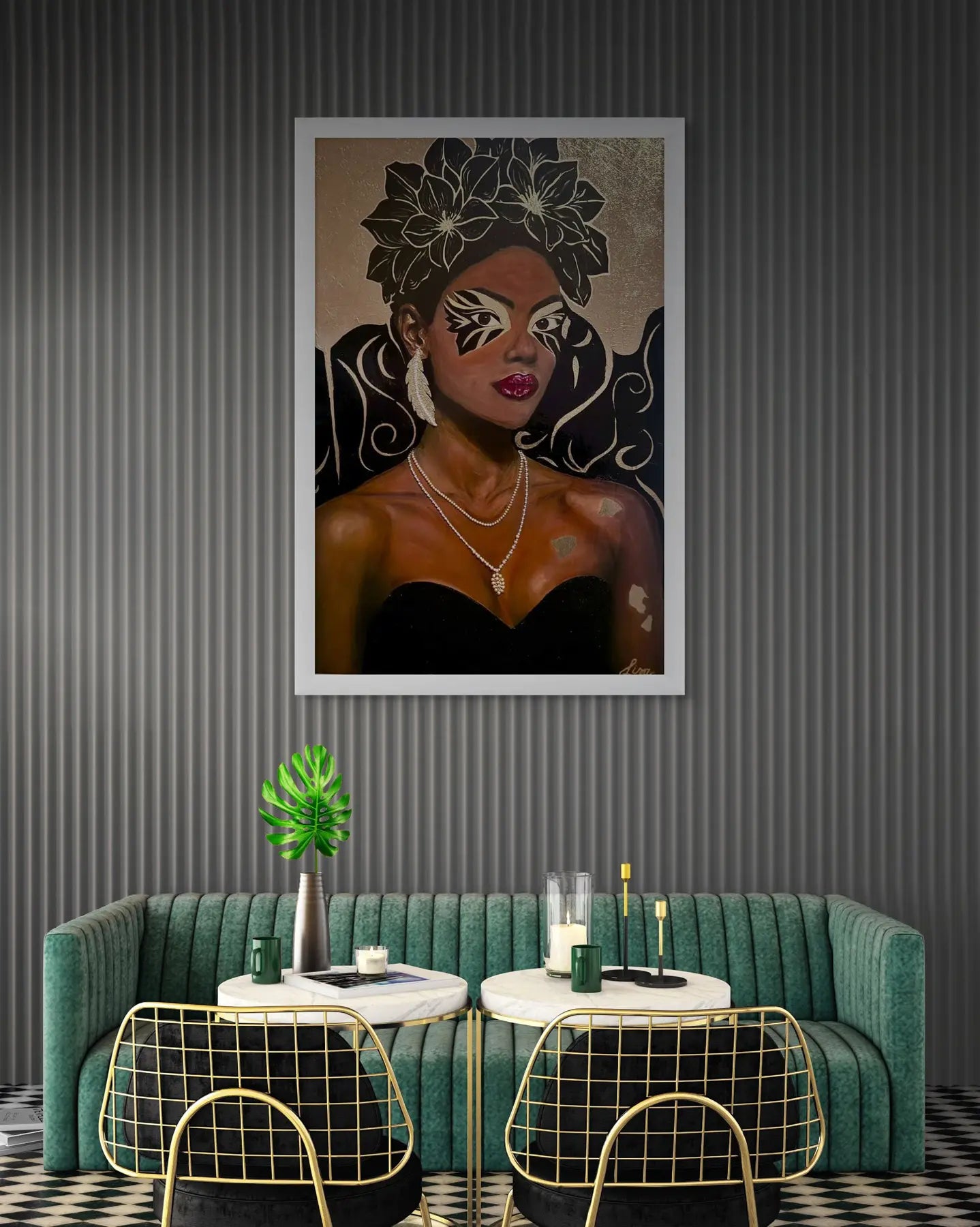 Fleur Obscure artwork – floral couture portrait with dramatic florals and statement jewellery, shown in a modern lounge room.