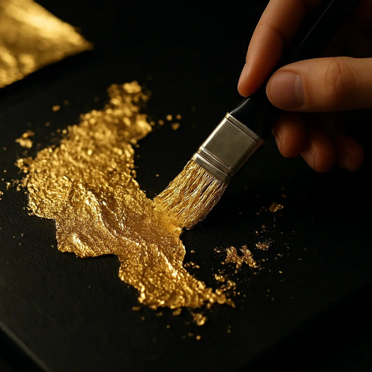 Gold leaf being applied on a textured surface with a brush on a black surface used by Luxe Wall Art by Lisa