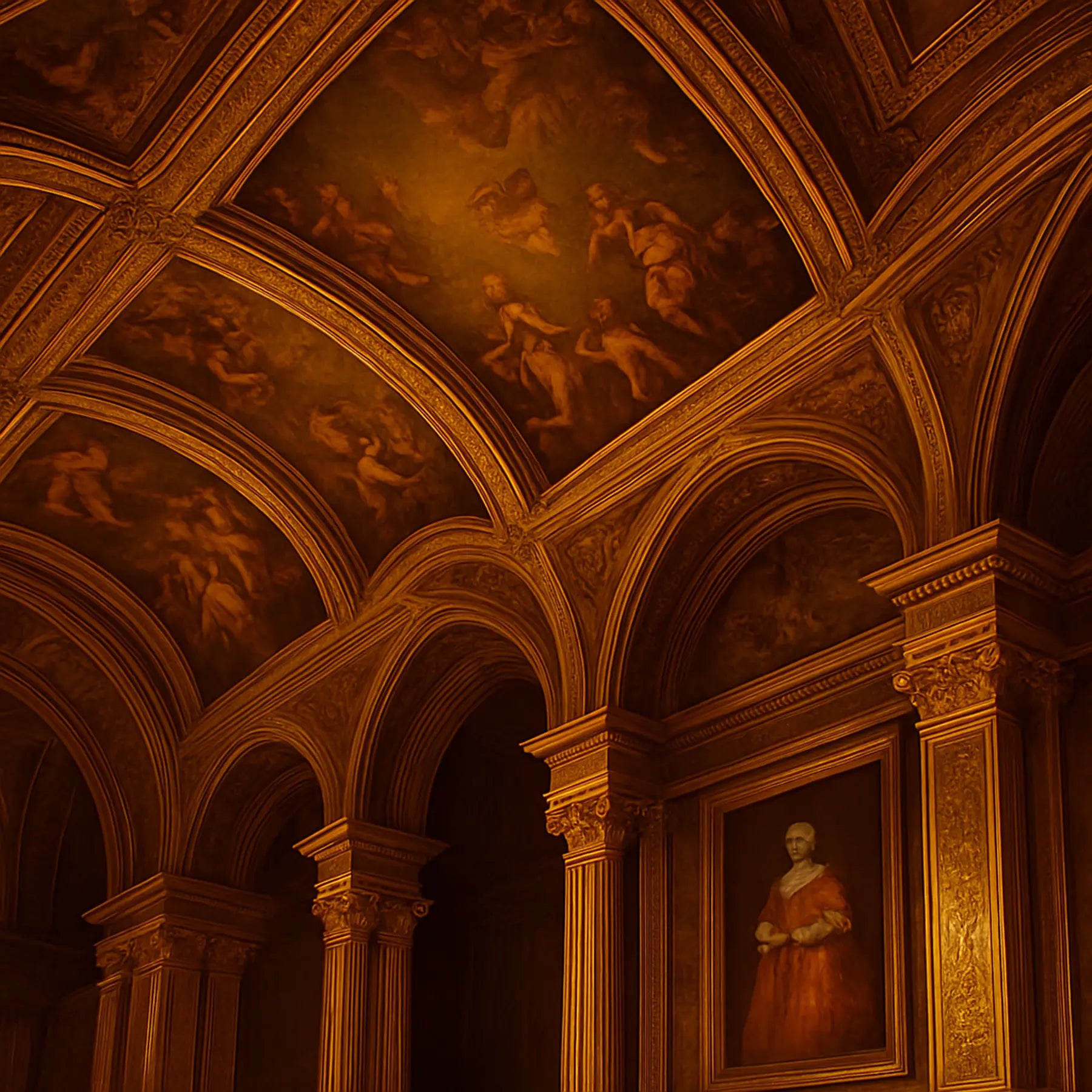 Museum ornate ceiling in a dimly lit room with gold leaf detailing used for history of gold leaf art used for history of gold leaf art article by Luxe Wall Art by Lisa.
