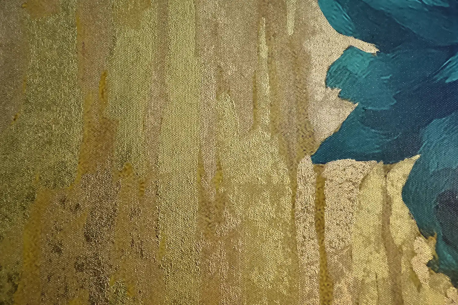 Close-up of a textured gold leaf foil of Azulina Glow original painting by luxe wall art by lisa.