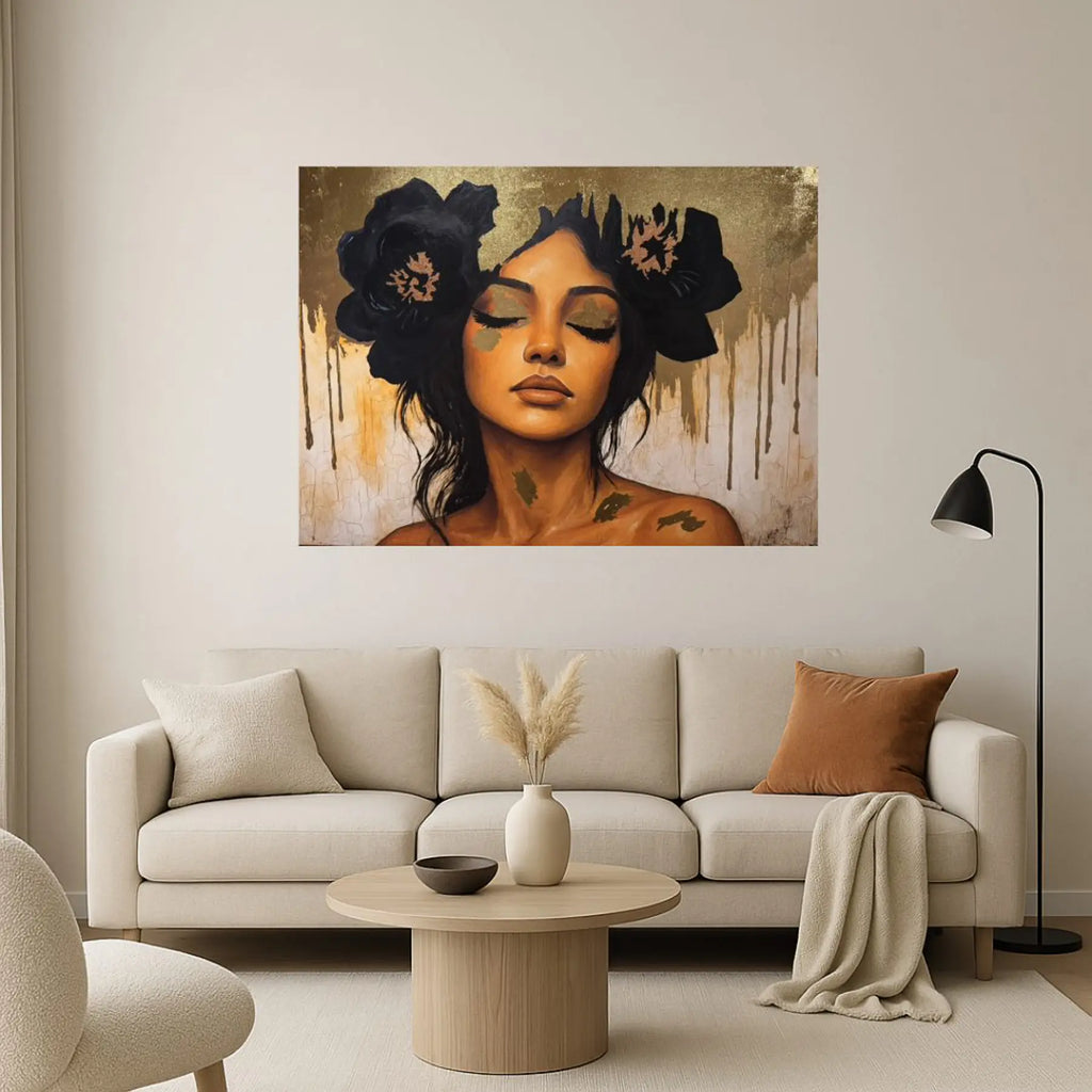 Living room with a painting of a Azulina Glow original luxury portrait painting with bronze foil flowers in her hair, unframed on the wall.