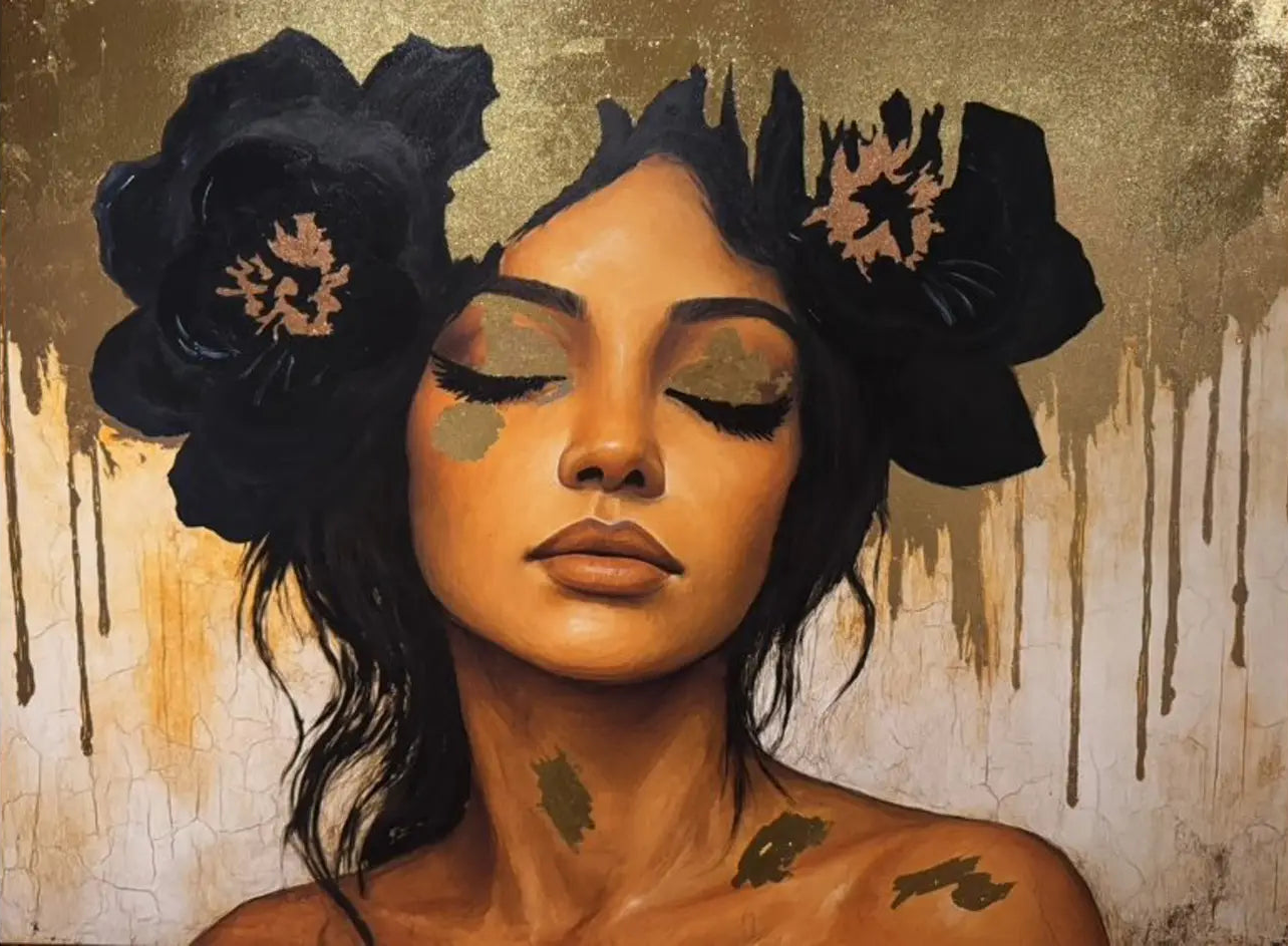Azulina Glow original luxury painting of a woman with bronze foil flowers in her hair against a textured metallic gold foil background.