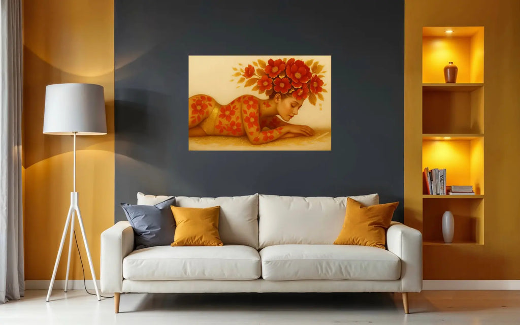 Auric Blossom original gold leaf luxury painting of a woman with flowers on her head and body in a living room setting.