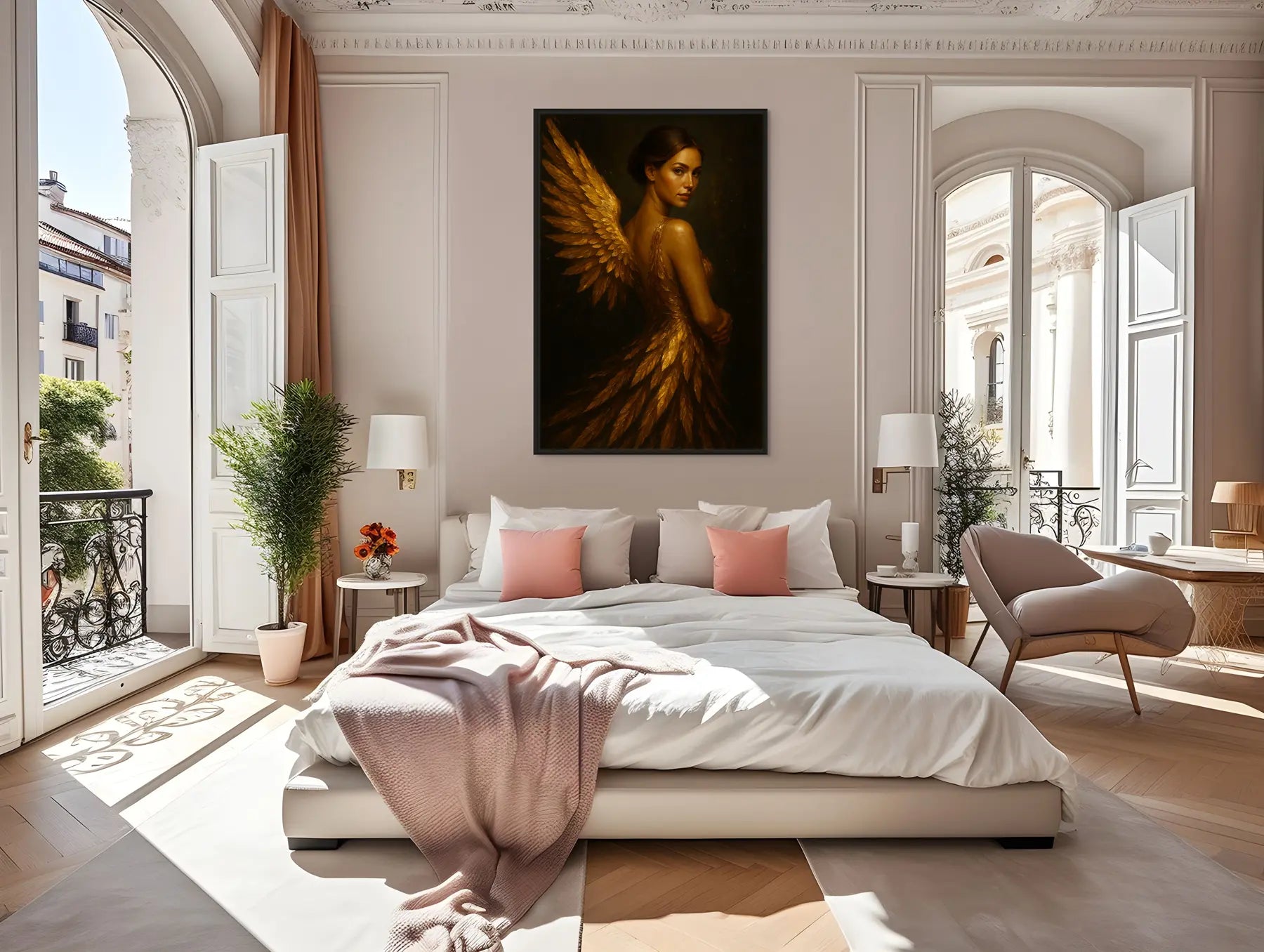 Gold leaf angel wing artwork displayed above the bed in a bright, elegant bedroom interior