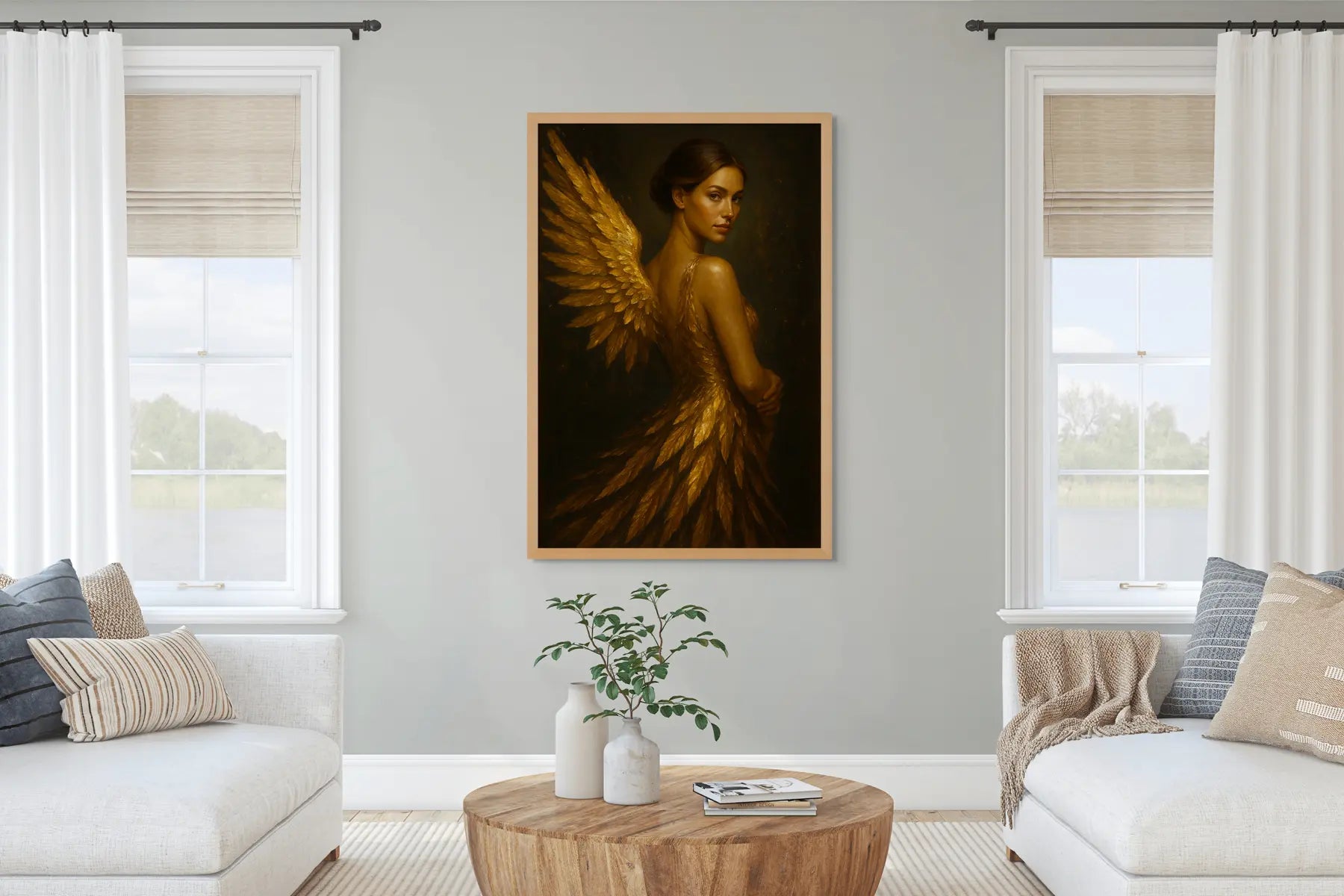 Gold leaf wall art with a winged female figure styled in a contemporary living space with soft neutral tones.