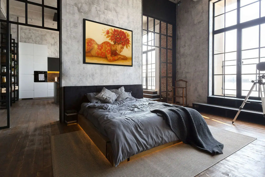 Auric Blossom original painting – floral couture portrait with dramatic florals, shown in a modern bedroom.