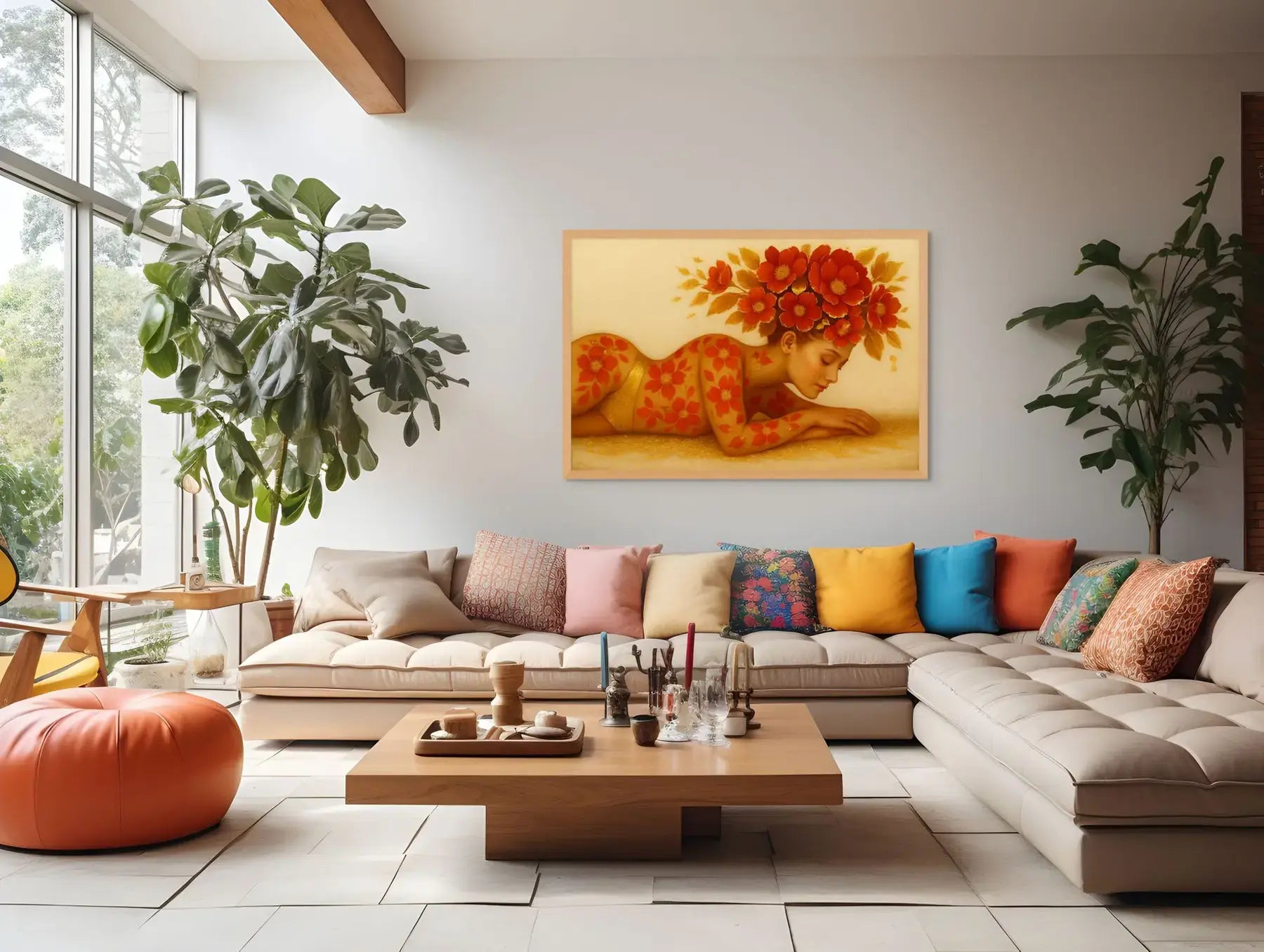 Auric Blossom original painting – floral couture portrait with dramatic florals, shown in a modern lounge room.