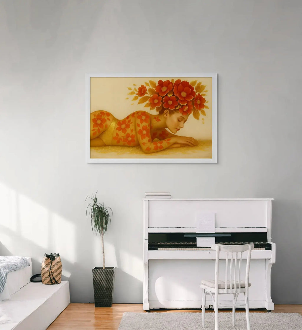 Auric Blossom original painting – floral couture portrait with dramatic florals, shown in a modern interior.