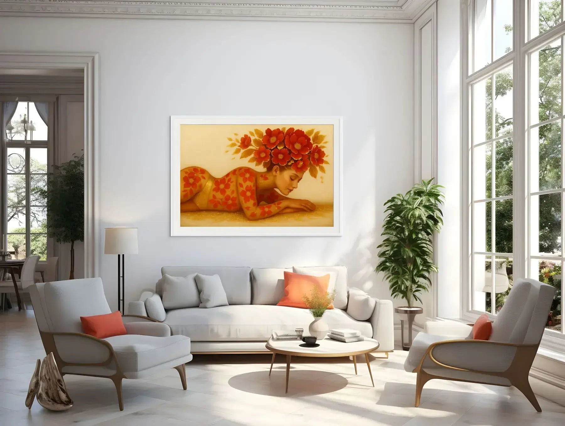 Auric Blossom original painting – floral couture portrait with dramatic florals, shown in a modern lounge room.