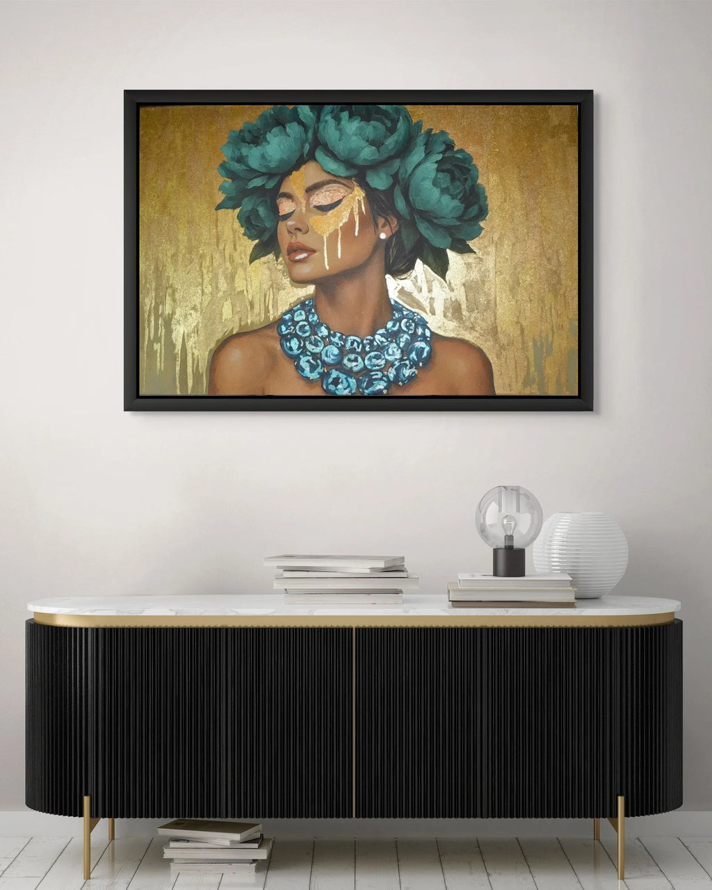 Azulina Glow fine art print – floral couture portrait with teal accents and dramatic florals, shown in a modern interior.