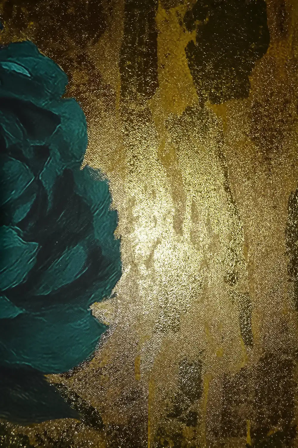 Textured gold leaf foil surface of Azulina Glow original luxury painting with teal and, gold colours. 