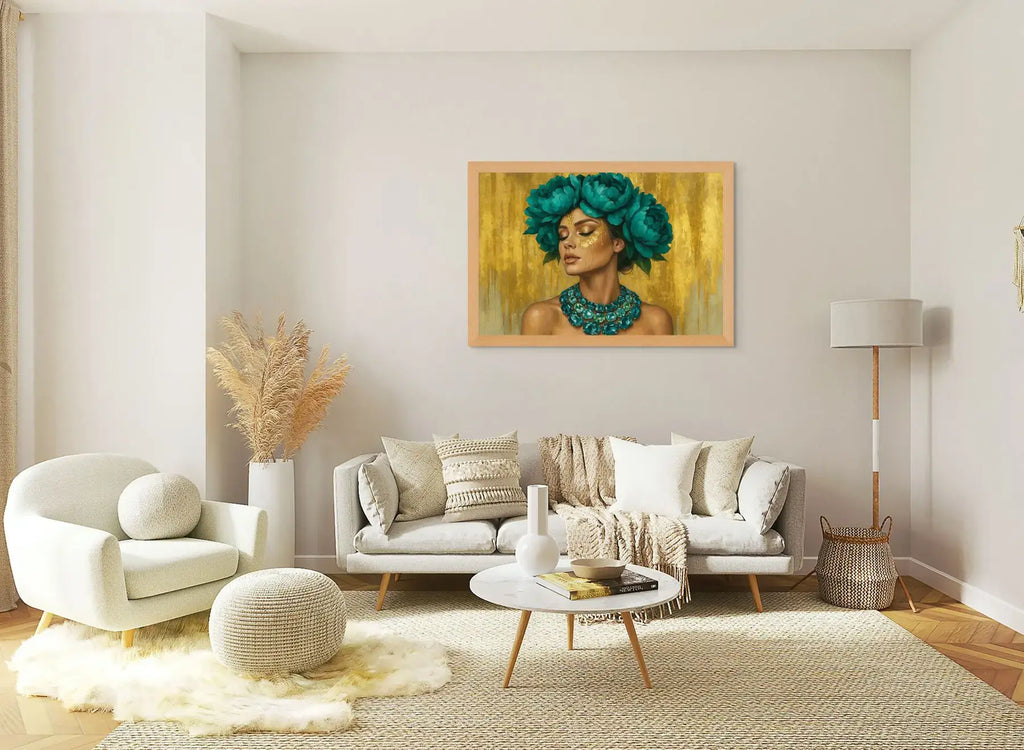 Azulina Glow fine art print – floral couture portrait with teal accents and dramatic florals, shown in a modern lounge room.