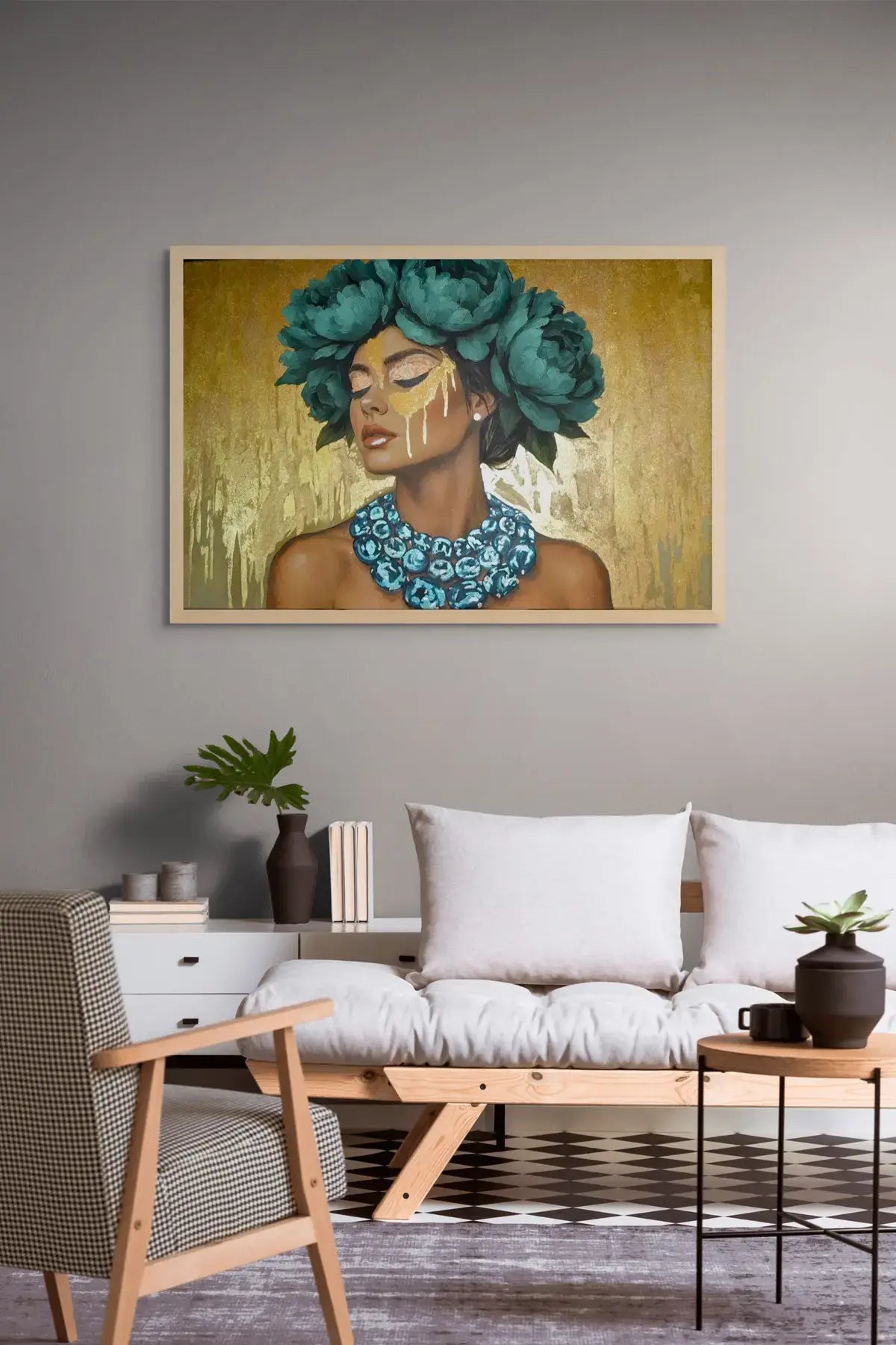 Azulina Glow fine art print – floral couture portrait with teal accents and dramatic florals, shown in a modern lounge room.
