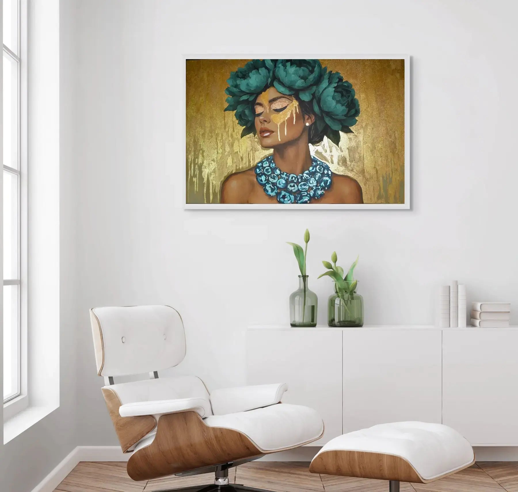 Azulina Glow fine art print – floral couture portrait with teal accents and dramatic florals, shown in a modern interior.