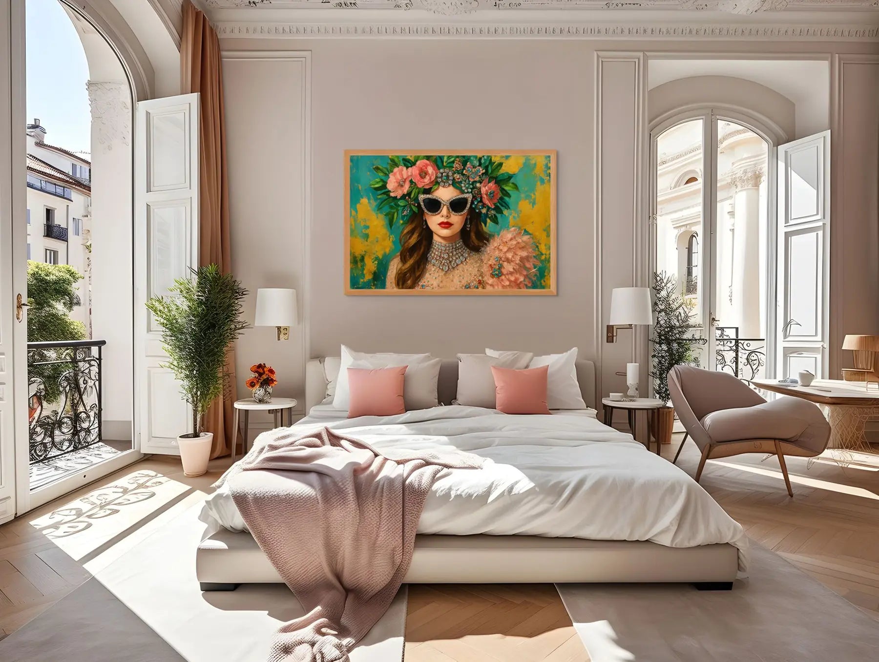Couture Mirage original painting – couture portrait with gold leaf detailing and statement jewellery, shown in a modern bedroom.